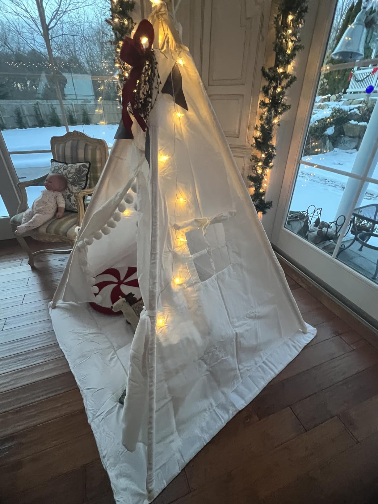 WIRHAO Teepee Tent for Kids with Padded Mat Cotton Canvas Kids Tent with Pompom for Toddlers Indoor Play Tent for Girls Boys with Stars Lights, Carry Bag, Banner Flag (Pink) customer photo 1