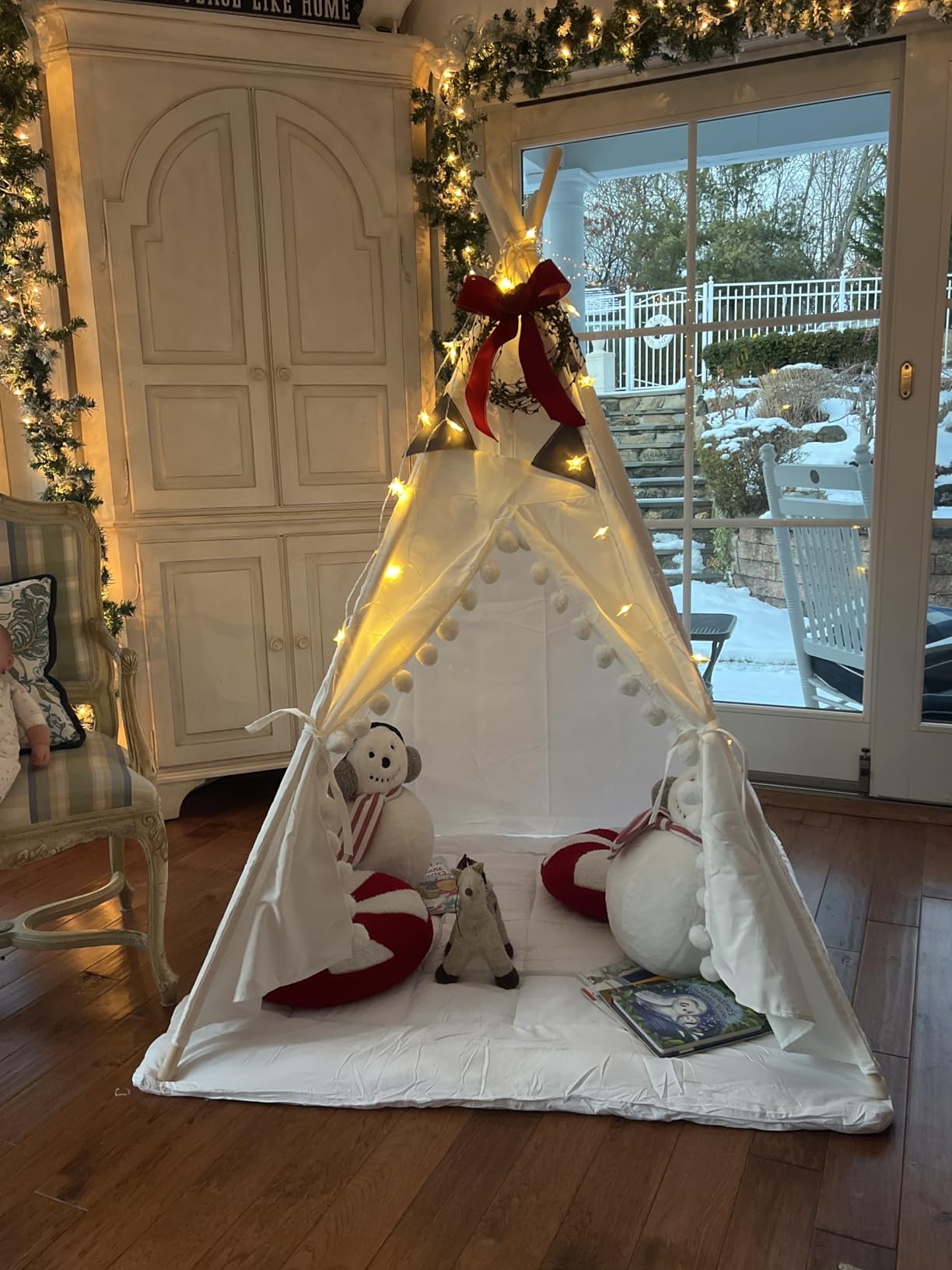 WIRHAO Teepee Tent for Kids with Padded Mat Cotton Canvas Kids Tent with Pompom for Toddlers Indoor Play Tent for Girls Boys with Stars Lights, Carry Bag, Banner Flag (Pink) customer photo 2