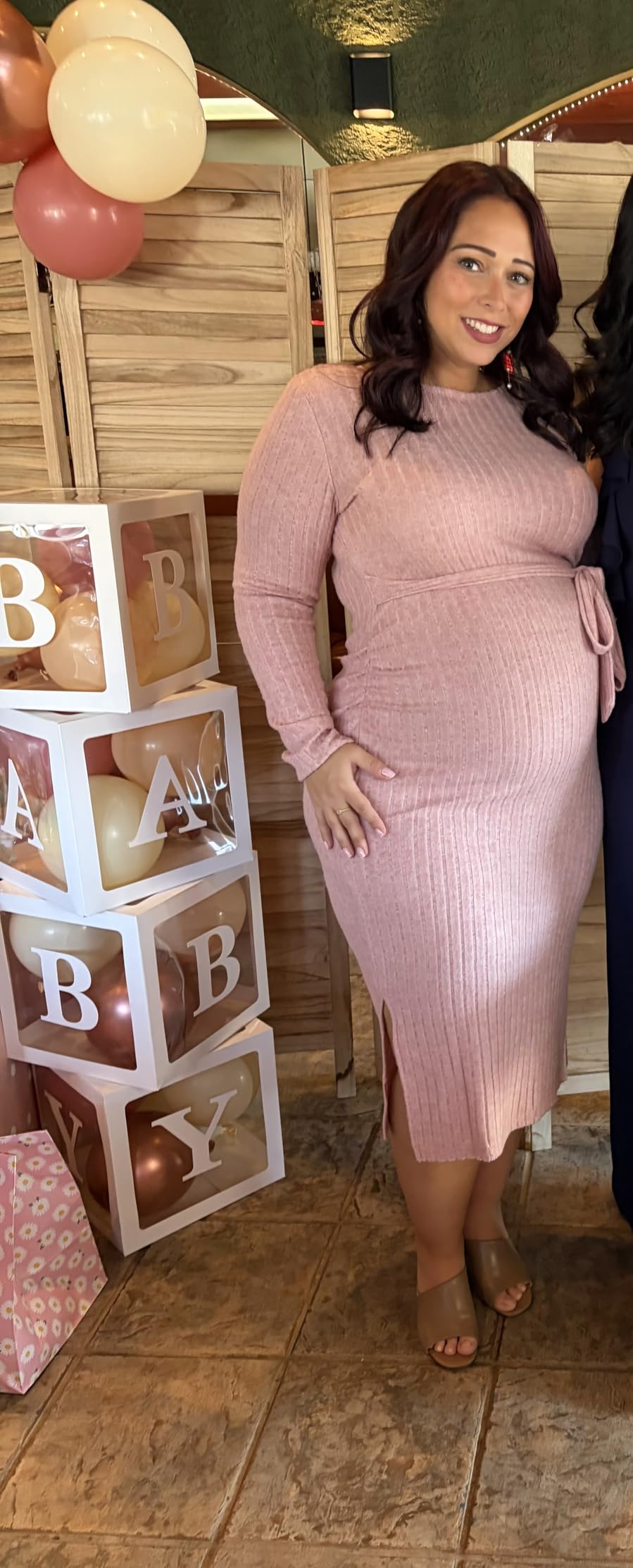 guruixu Crewneck Maternity Sweater Dress Rib Knit Long Sleeve Slit Pregnancy Dress Clothes with Belt customer photo 2