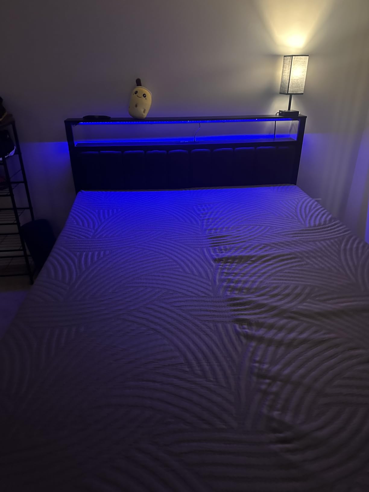 Furnulem Twin Bed Frames with Charging Station and LED Lights, Grey Upholstered Headboard with Shelves, Metal Platform Bed with 2 Under-Bed Storage (Fabric Drawer on Wheels), No Box Spring Needed customer photo 1