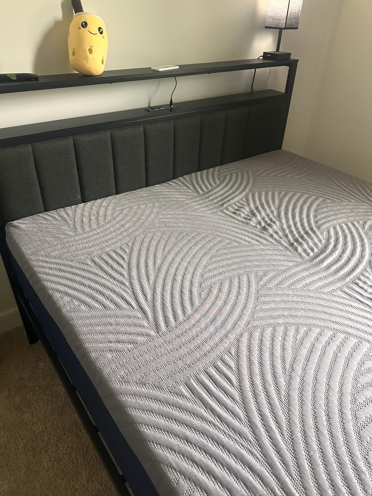 Furnulem Twin Bed Frames with Charging Station and LED Lights, Grey Upholstered Headboard with Shelves, Metal Platform Bed with 2 Under-Bed Storage (Fabric Drawer on Wheels), No Box Spring Needed customer photo 2