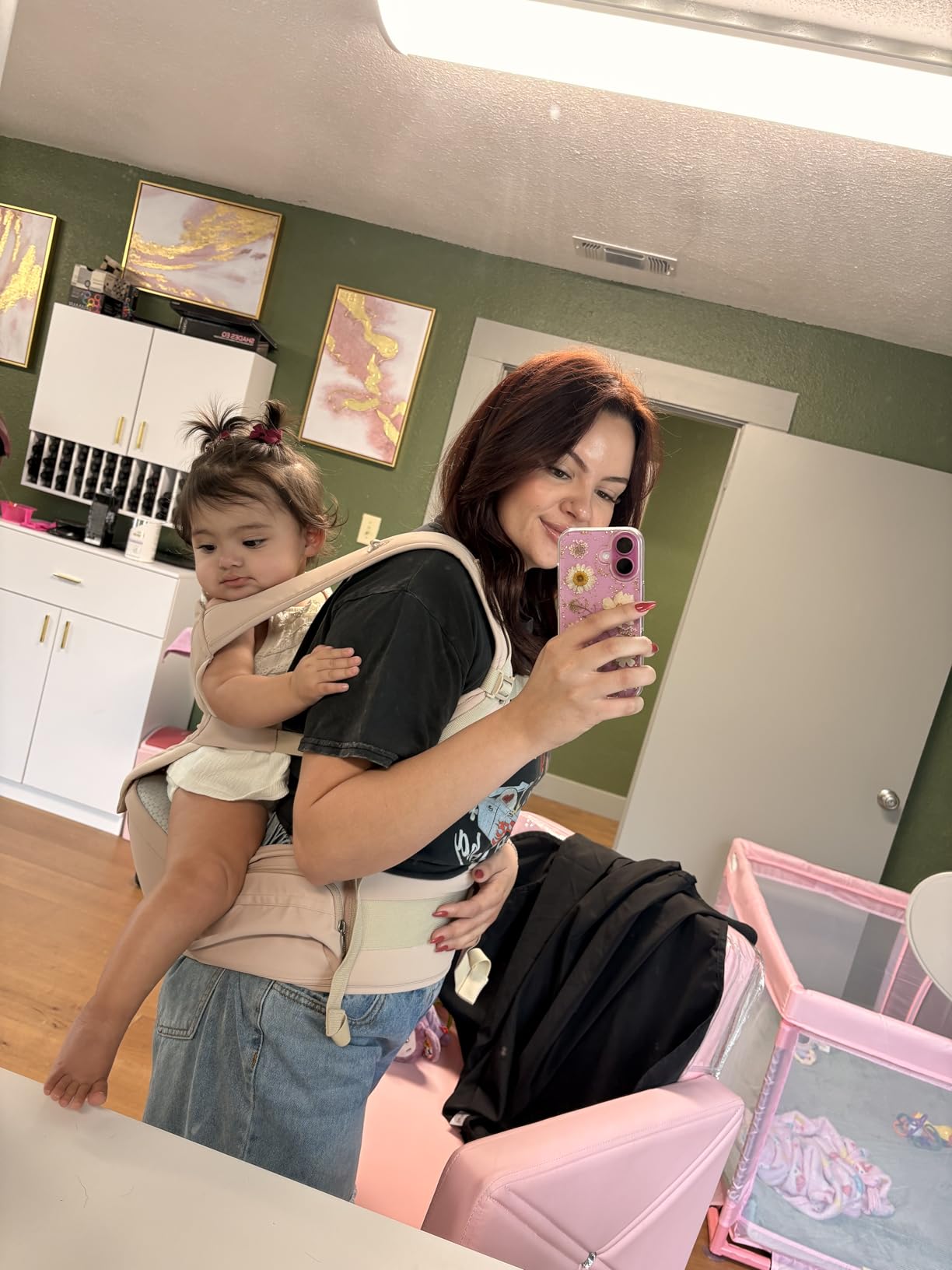 Bebamour Baby Carrier with Hip Seat,All-Position Breathable Mesh Hip Seat & Carrier 0-36Months with Head Hood, 3 PCS Teething Pads, Waist Extender,Storage Bag & Pacifier Case(Black) customer photo 1
