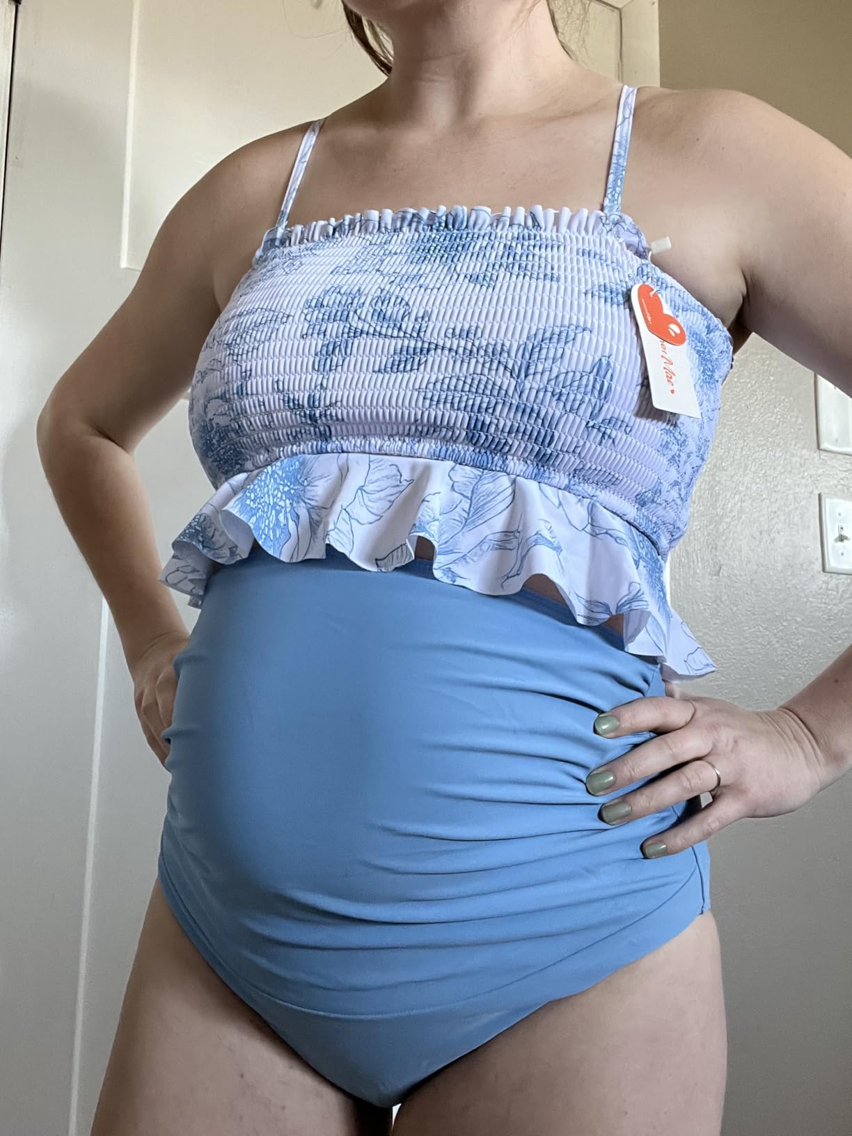 Summer Mae Maternity High Waist Swimsuit Ruffle Hem Bikini Bathing Suit Shirred Bandeau Two Piece Pregnancy Swimwear customer photo 1