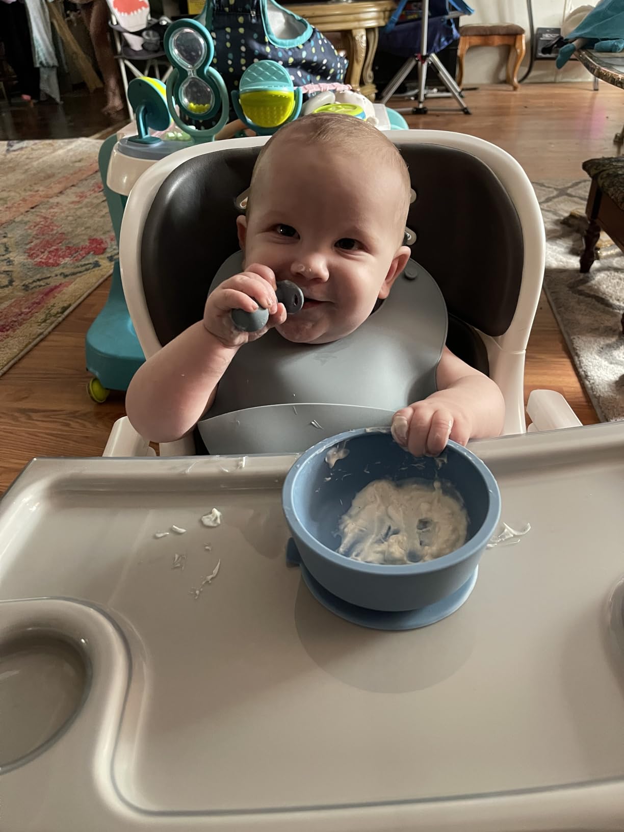 Moonkie Silicone Baby Bibs Set of 3, BPA Free Waterproof Baby Bibs for Eating, Soft Adjustable Silicone Bibs for Babies 6-12 Months, Toddler Bibs with Large Pocket Food Catcher (Ether/Sage/Cream) customer photo 1