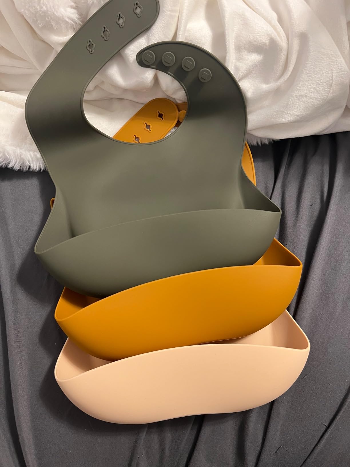 Moonkie Silicone Baby Bibs Set of 3, BPA Free Waterproof Baby Bibs for Eating, Soft Adjustable Silicone Bibs for Babies 6-12 Months, Toddler Bibs with Large Pocket Food Catcher (Ether/Sage/Cream) customer photo 2