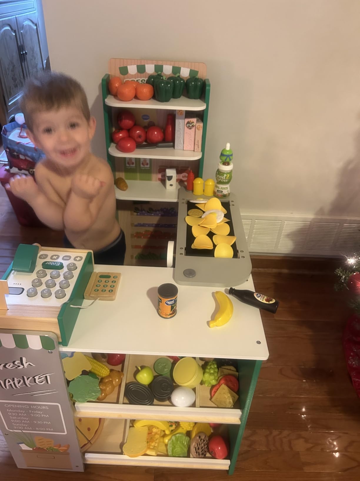 Best Choice Products Pretend Play Grocery Store Wooden Supermarket Toy Set for Kids w/Play Food, Chalkboard, Cash Register, Working Conveyor - Natural customer photo 1