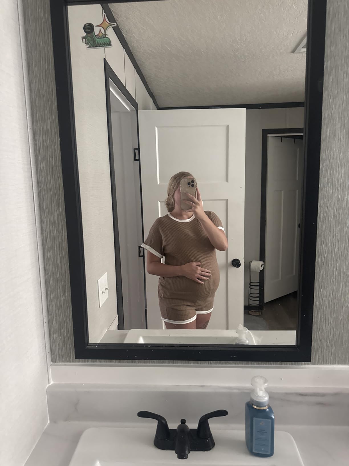 Maternity Pajamas 2 Piece Outfits Waffle Knit Short Sleeve Tops and Shorts Loungewear Set Pregnancy Clothes customer photo 2