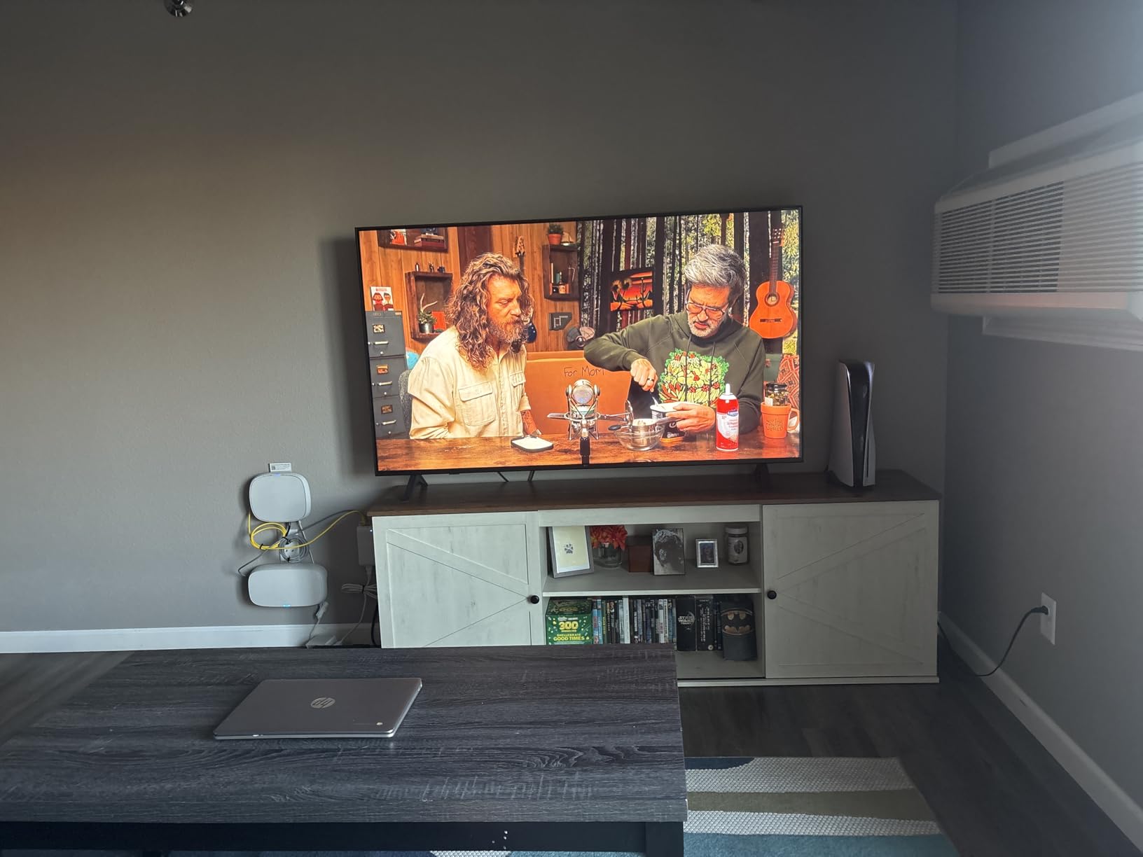 VASAGLE Farmhouse TV Stand for TVs up to 65 Inches, Entertainment Center with Storage Cabinets and Sliding Barn Doors, Media Console Table for Living Room, Rustic White and Honey Brown ULTV535W01 customer photo 1