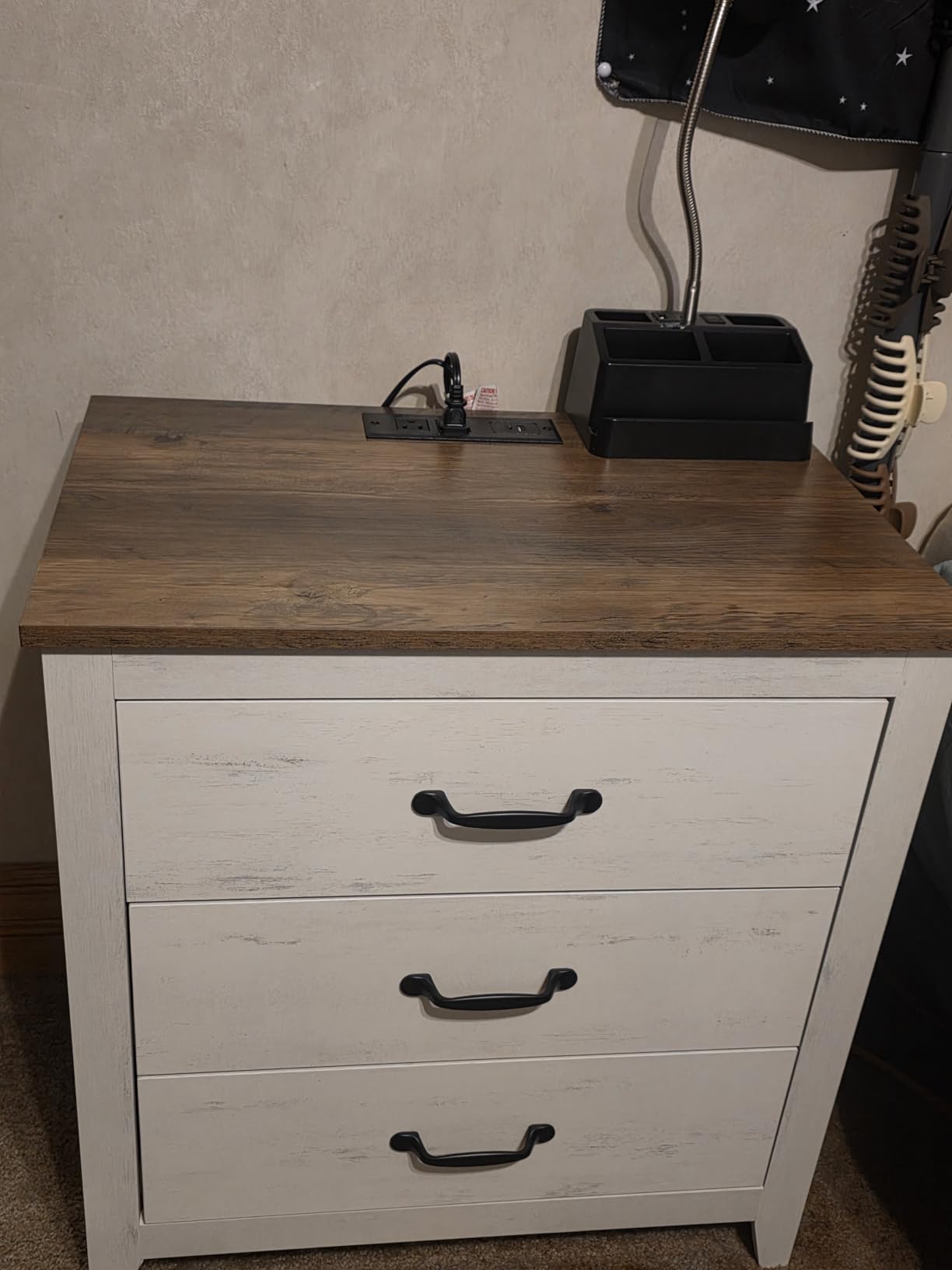 VASAGLE LIRY Collection - Farmhouse Nightstands with Charging Station, Set of 2 Bedside Tables, Side Tables with 2 Drawers, Open Compartment, for Bedroom, Rustic White and Honey Brown ULET869W01 customer photo 1