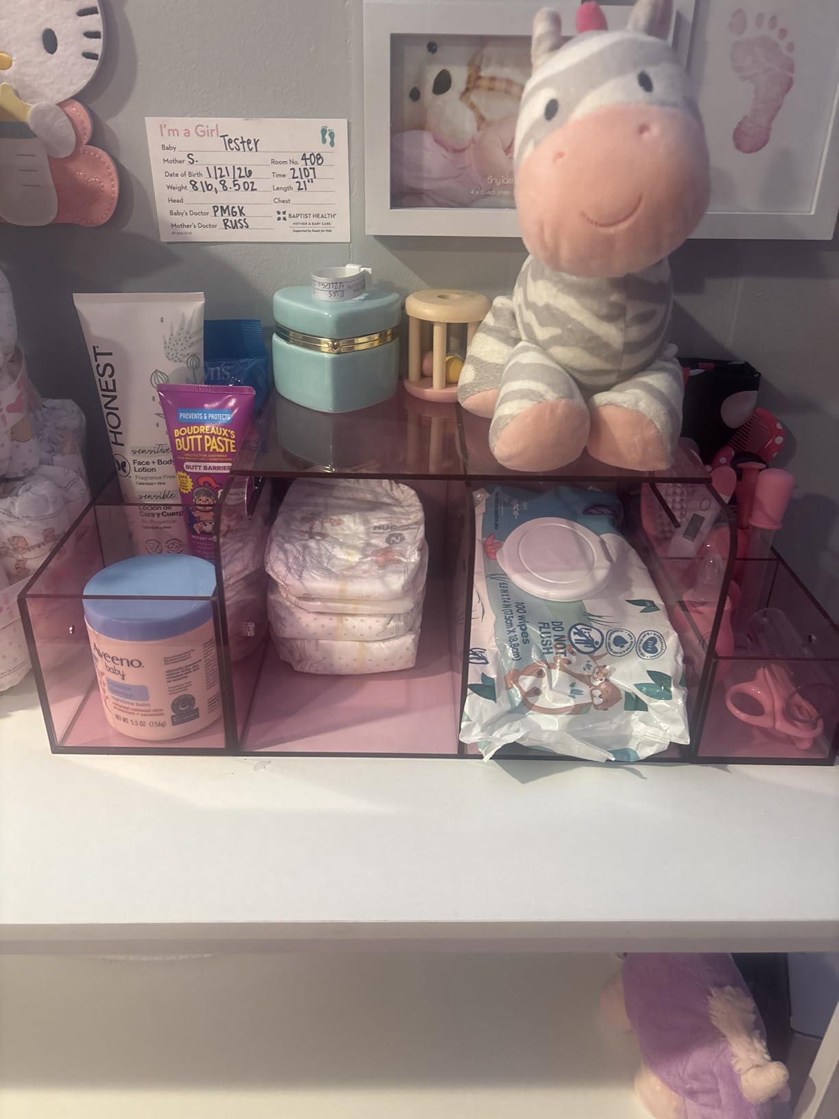 Diaper Caddy Acrylic, Baby Changing Table Organizer, Dresser Tabletop Organizer with 4 Detachable Compartments, Storage for Wipe Dispenser, Anti-slip Rubber Feet, Newborn Baby Essentials, Transparent customer photo 1