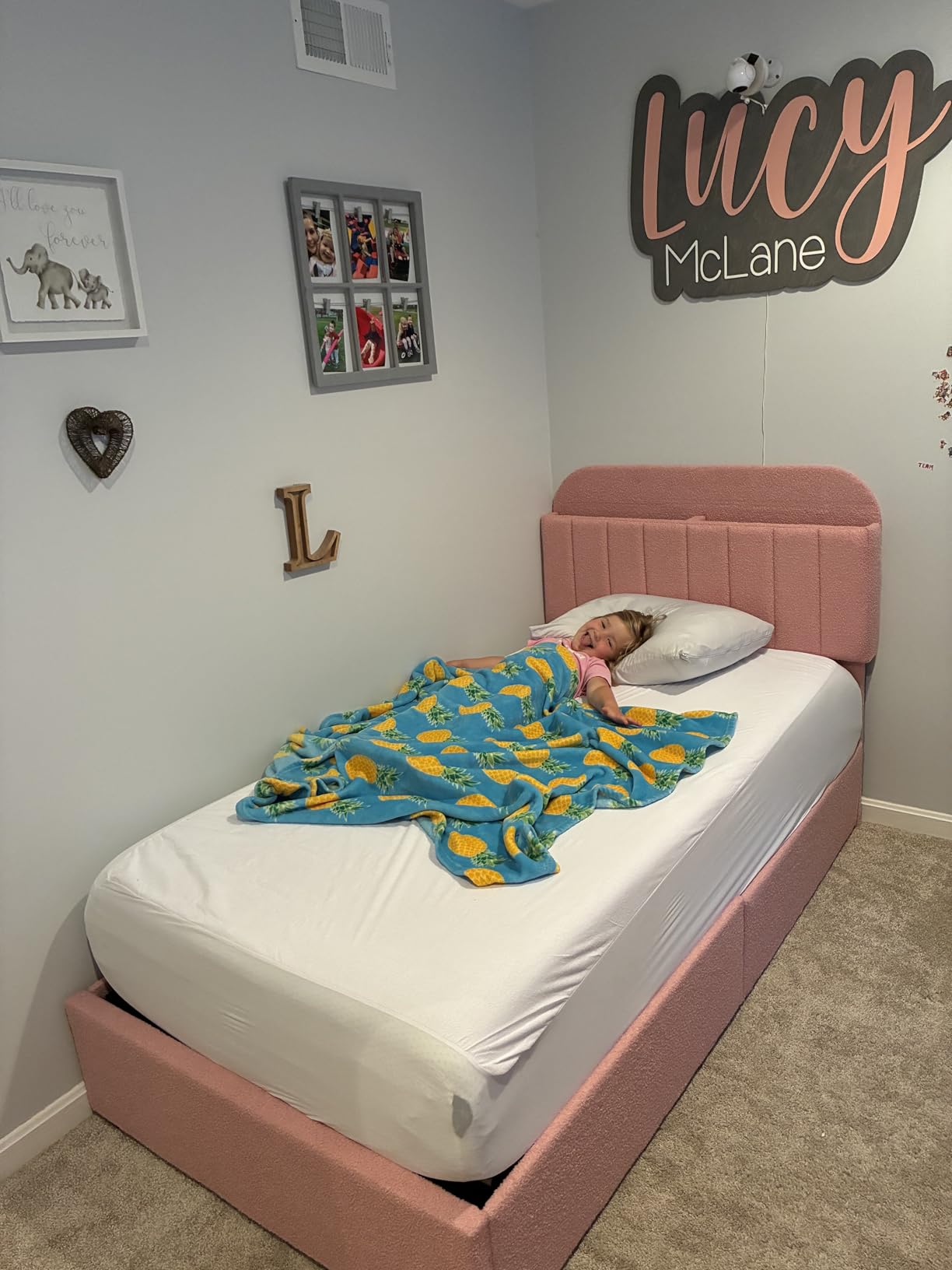GarveeHome Twin Bed Frame with Storage Headboard, Kids Bed Frame with 2 Drawers, Boucle Upholstered Platform Bed with Bookcase, No Box Spring Needed, Easy Assembly, Ivory White customer photo 2