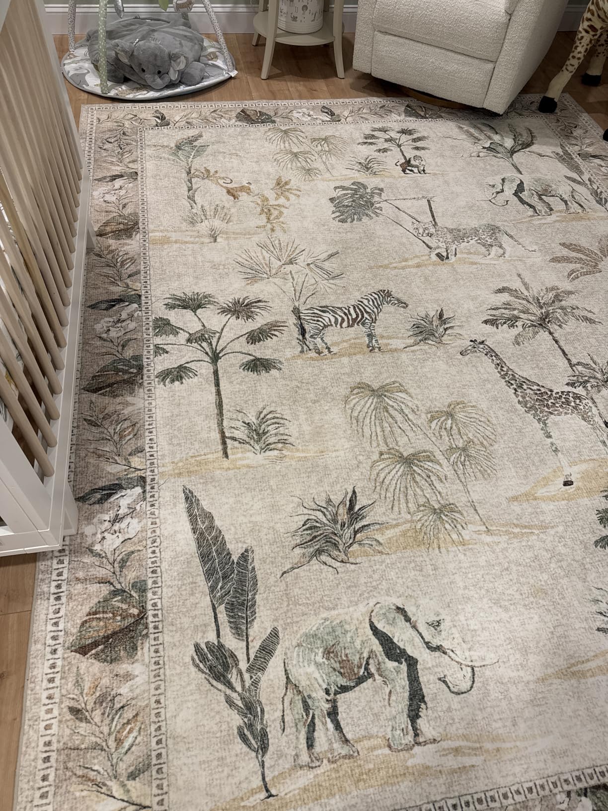 jinchan Round Rug 5ft Beige Jungle Animals Print, Machine Washable 5' Circle Modern Soft Non-Slip Forest Plant Throw Area Rug, Ultra-Thin Low Pile Carpet for Entryway Bedroom Kitchen Kids Room customer photo 1