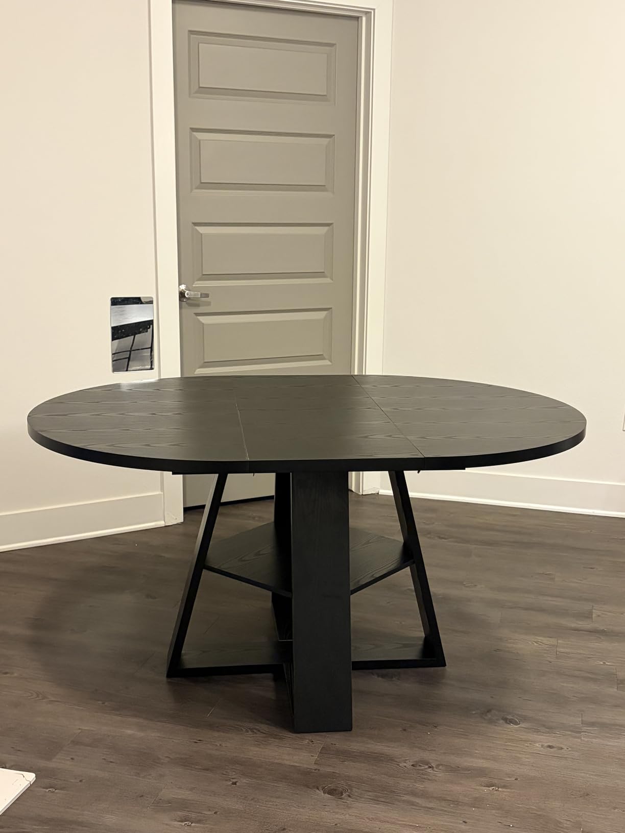 43.3in-59in Extendable Round Dining Table for 4-8, Modern Kitchen Oval Dining Table with Removable Leaves Space Saving, Wood Base with Storage Shelf for Kitchen Living Room (Walnut) customer photo 1