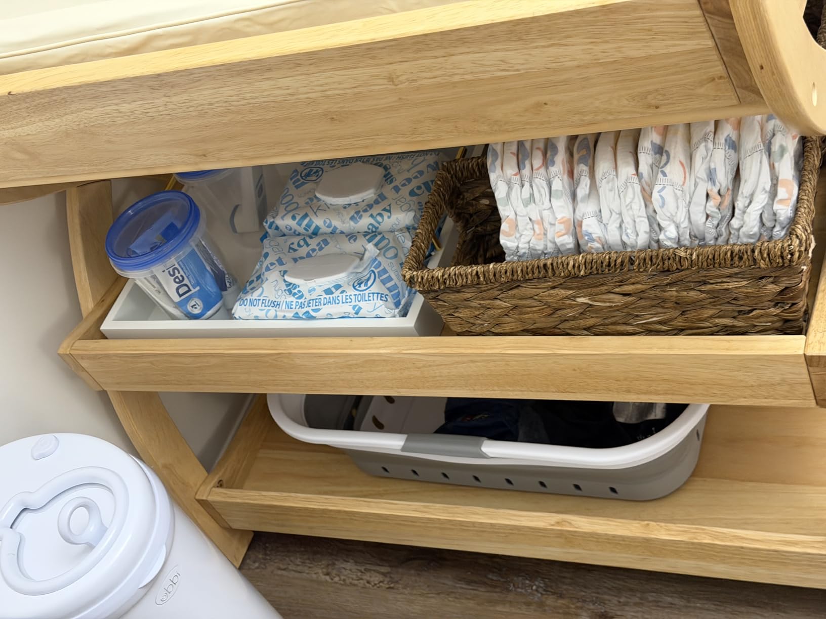Comfy Cubs Baby Changing Table - Sturdy Wood Construction, Timeless Look Baby Change Table with Two Open Shelves for Infant Daycare Essentials Storage - Natural Wood with White Legs customer photo 1