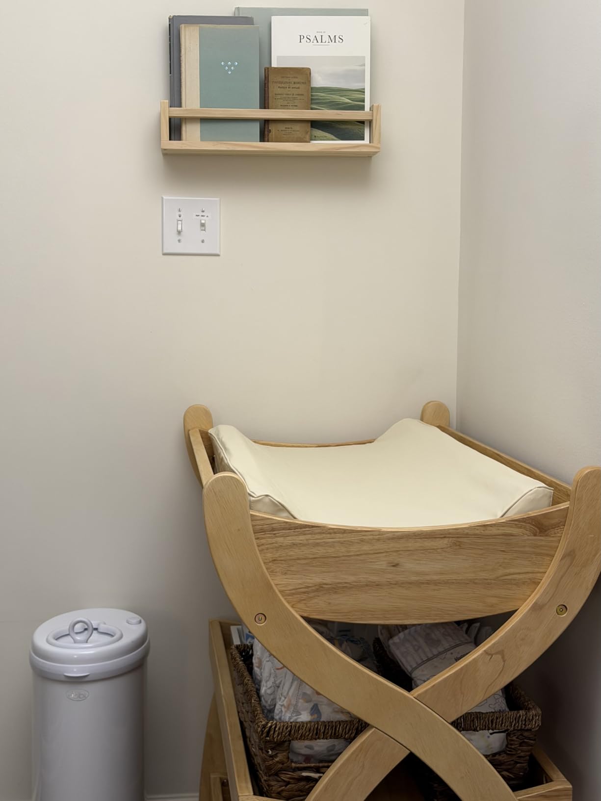 Comfy Cubs Baby Changing Table - Sturdy Wood Construction, Timeless Look Baby Change Table with Two Open Shelves for Infant Daycare Essentials Storage - Natural Wood with White Legs customer photo 2