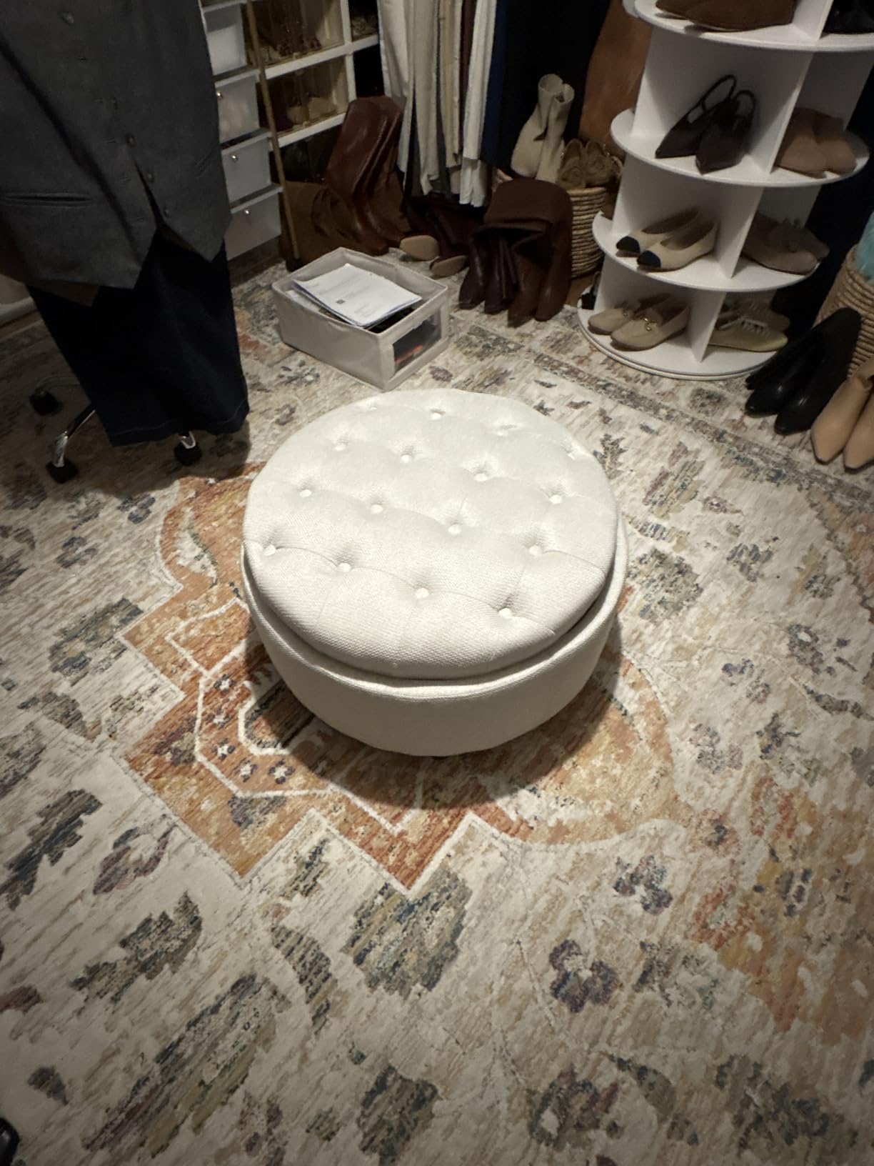 COLAMY Fabric Round Storage Ottoman with Reversible Tray Lid - Multi-Functional Footrest, Hidden Storage, Sturdy & Stylish Small Coffee Table for Living Room, Bedroom, or Entryway (Beige) customer photo 2