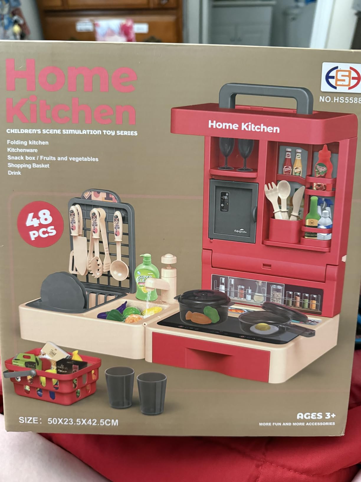 Pretend Play Kitchen Toy Set Folding Role Play Toy with 45pcs Realistic Food Fruits Vegetables Pans Cooking Utensils Basket Sink etc Portable Educational Indoor Outdoor Toys for Kids Ages 3 customer photo 1