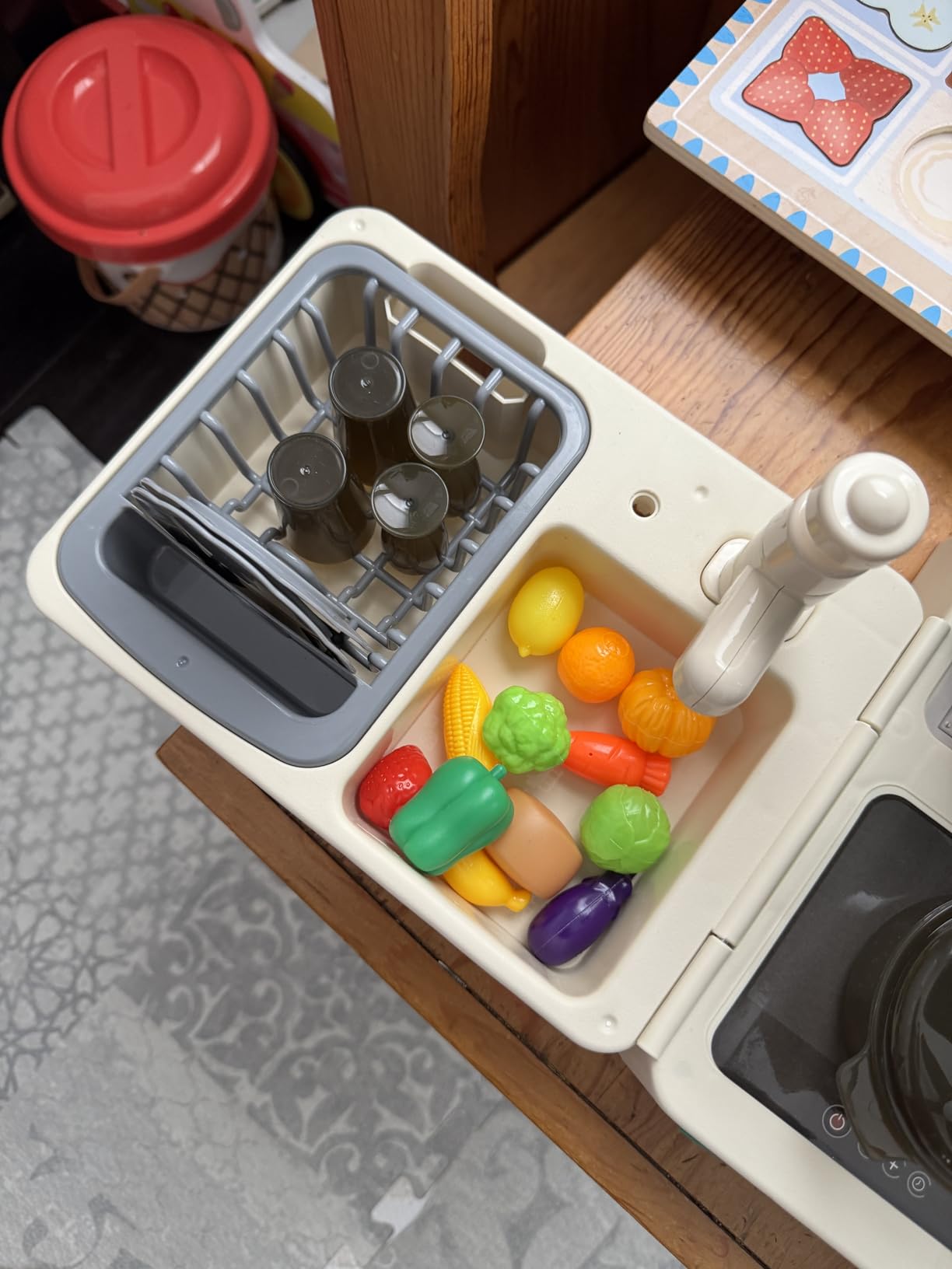 Pretend Play Kitchen Toy Set Folding Role Play Toy with 45pcs Realistic Food Fruits Vegetables Pans Cooking Utensils Basket Sink etc Portable Educational Indoor Outdoor Toys for Kids Ages 3 customer photo 2