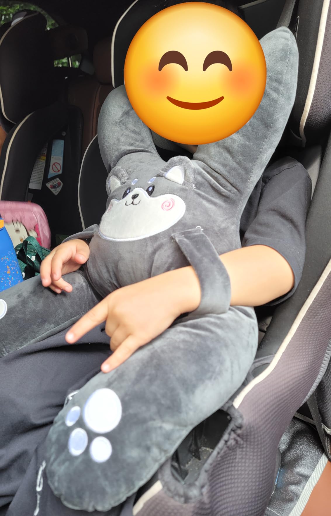 Kids Car Sleeping Pillow - X-Shaped Plush Animal for Neck & Back Support - Hands & Seat Belt Slot - Machine Washable & Compressible - Perfect for Car, Plane, Train, Boat & More - Grey customer photo 2