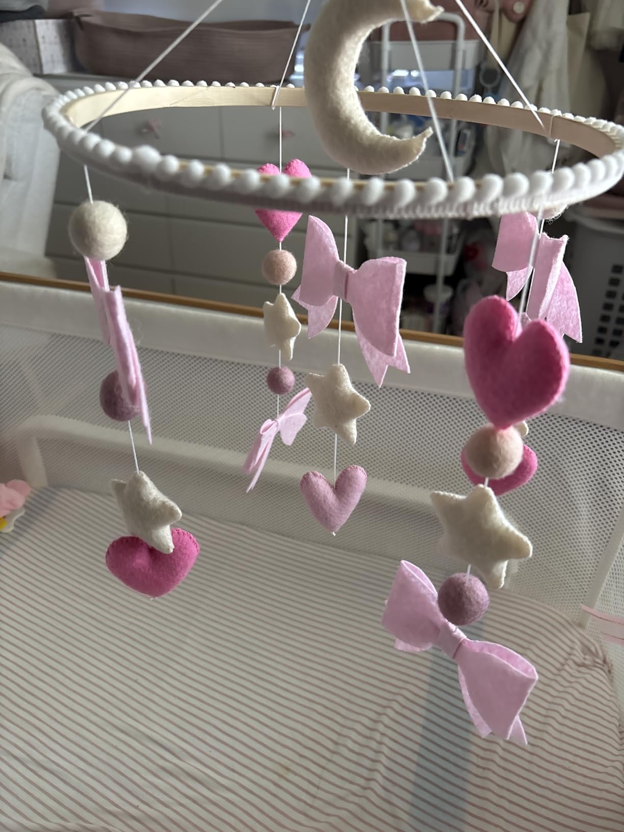 Baby Mobile for Crib Pink Bow Baby Crib Mobile for Girls Handmade Coquette Bow Nursery Decor for Infant Bedroom Hanging Pink Girls Room Decor for Bassinet Gender Reveal Newborn Gifts customer photo 2
