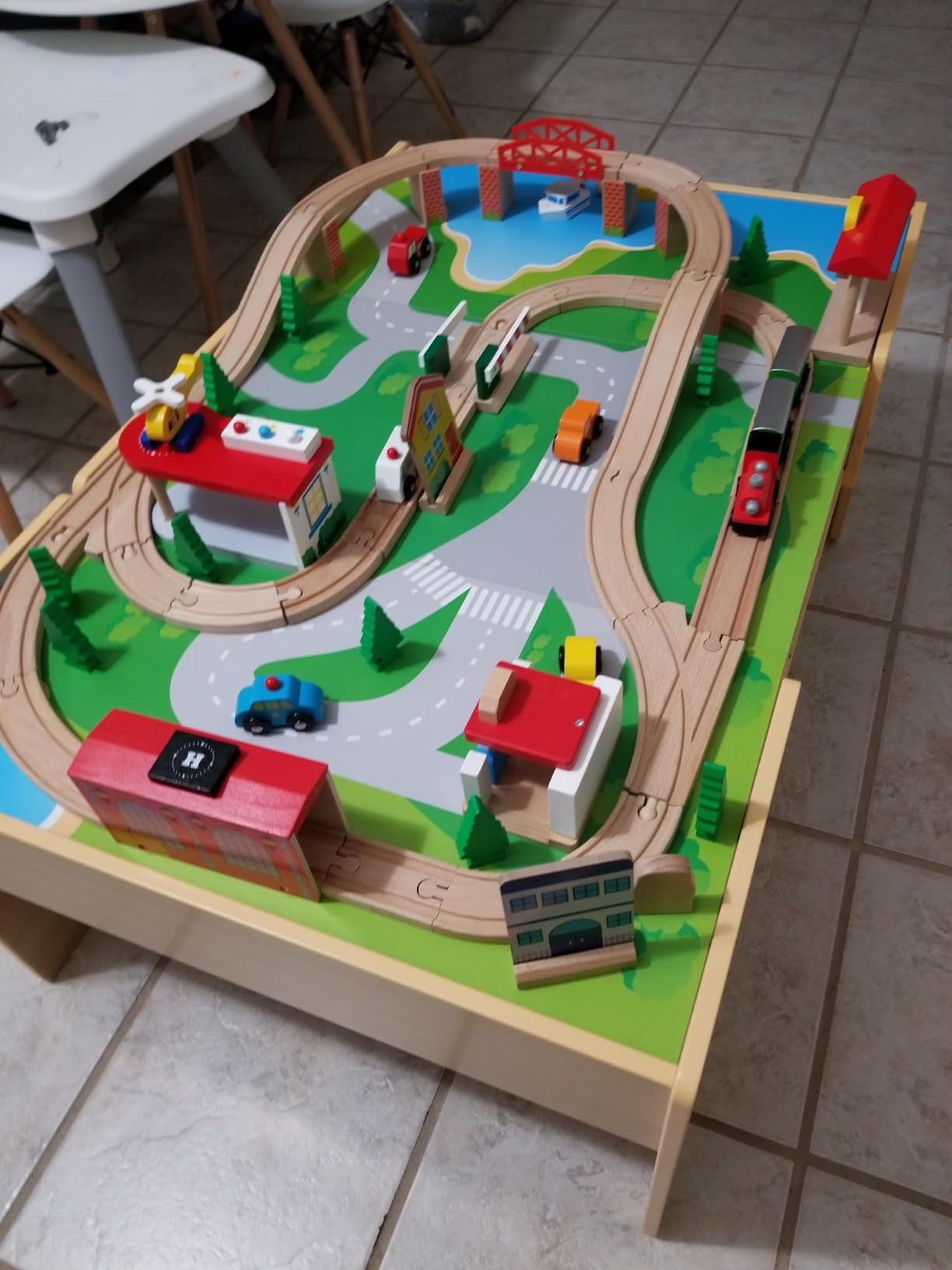 GLACER 100 Pieces Train Table, Wooden Activity Table with Storage Drawer, Tracks, Vehicles, Buildings, Wheels, Multipurpose Painted Train Table Set for Toddlers 3-5+, Gift for Boys Girls customer photo 1