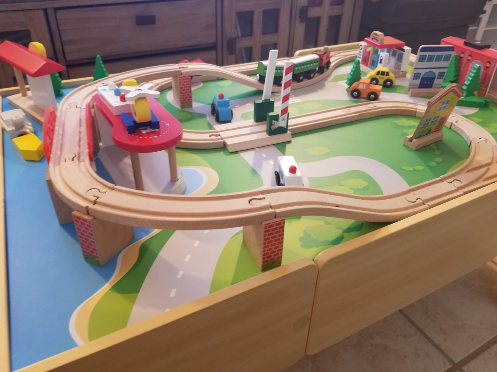 GLACER 100 Pieces Train Table, Wooden Activity Table with Storage Drawer, Tracks, Vehicles, Buildings, Wheels, Multipurpose Painted Train Table Set for Toddlers 3-5+, Gift for Boys Girls customer photo 2