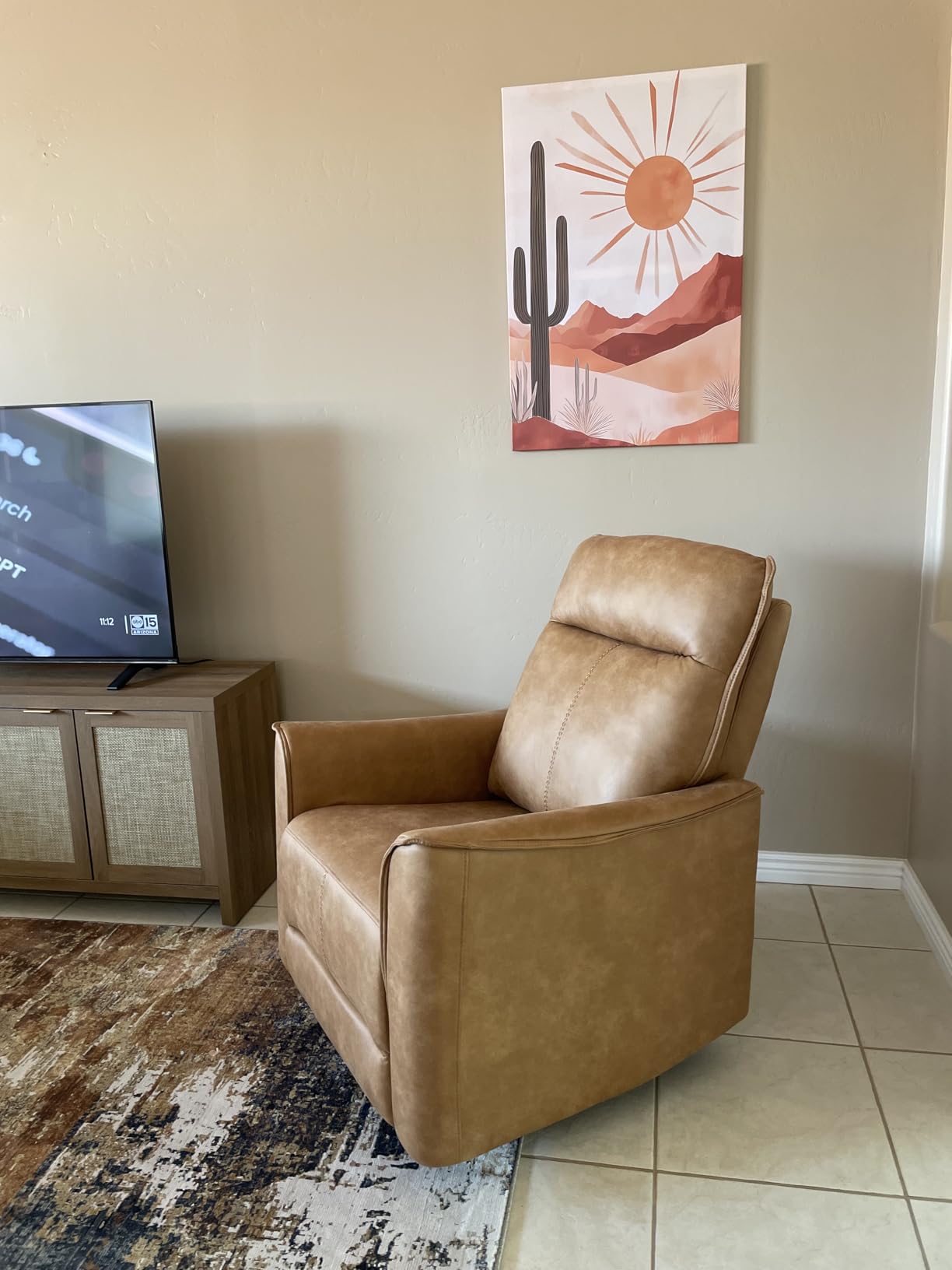 CANMOV Swivel Rocker Recliner, Glider Rocking Chair, Nursing Chairs Swivel Glider Recliners with Soft Backrest, Leathaire Manual Reclining Sofa for Living Room Bedroom Apartment, Brown customer photo 2
