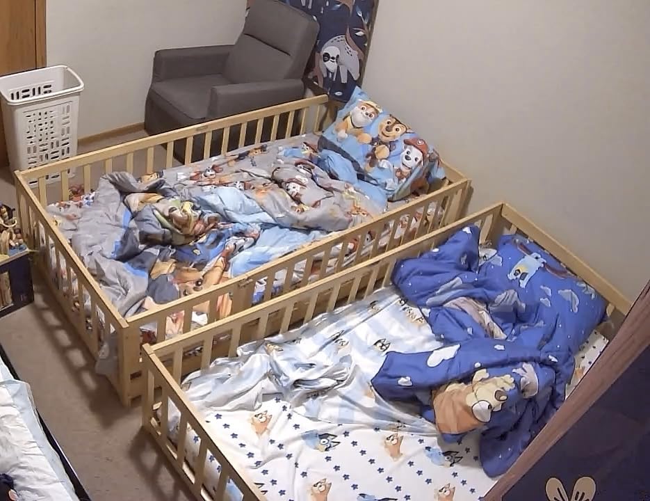 Twin Floor Bed with Safety Guardrails for Kids, Rubber Wood Montessori Bed with Slats and Convertible Door, Twin Size Bed Frame for Girls and Boys, No Box Spring Needed, Natural customer photo 2