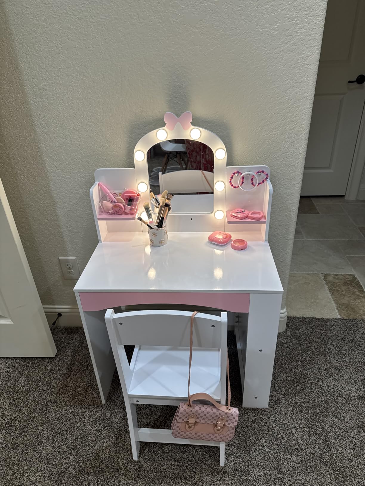 MU Kids Vanity with Lights, Princess Makeup Vanity Table and Chair Set for Girls, Toddler Vanity Desk with Open Bookshelf, Storage Cabinet & Shelves, Stools, White customer photo 1