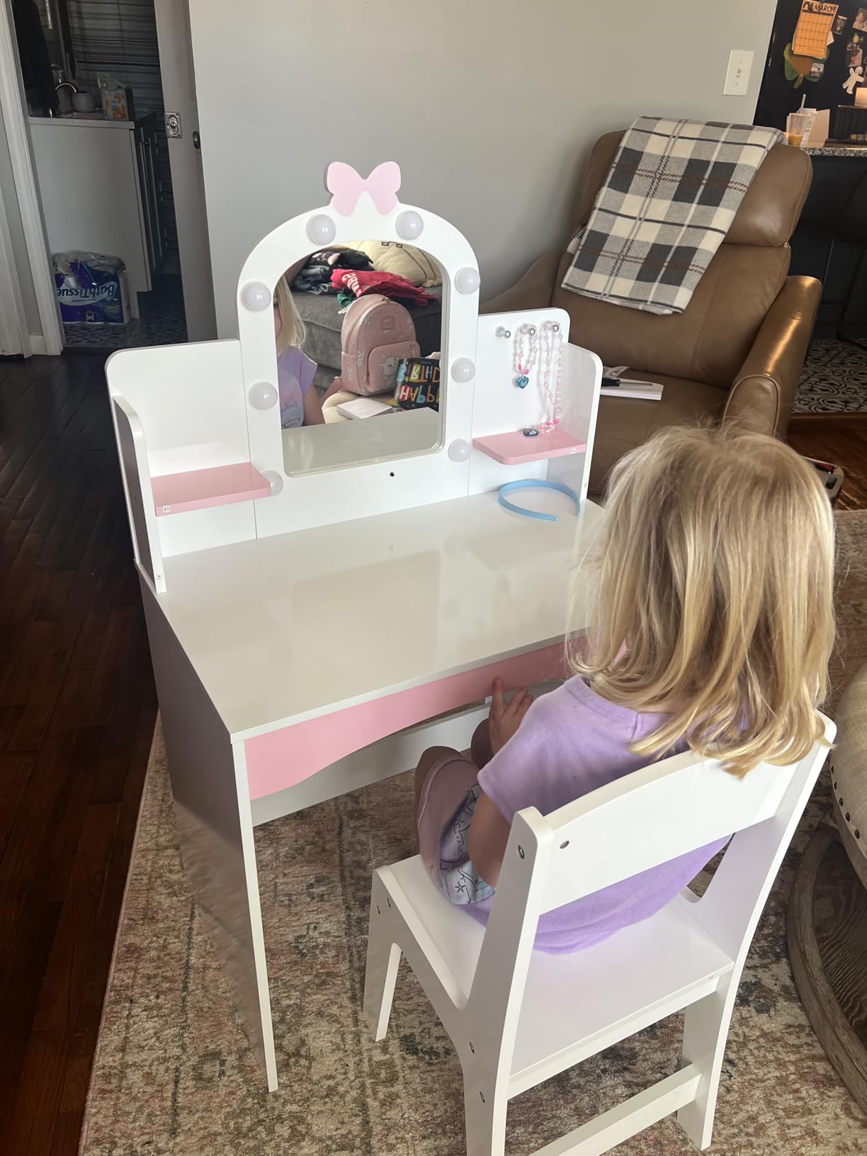 MU Kids Vanity with Lights, Princess Makeup Vanity Table and Chair Set for Girls, Toddler Vanity Desk with Open Bookshelf, Storage Cabinet & Shelves, Stools, White customer photo 2