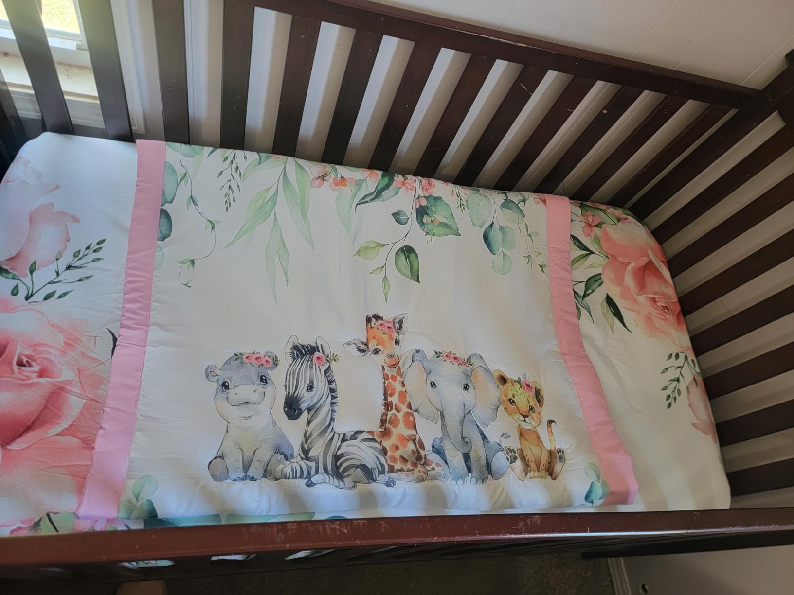 Hahafelt 3 Pcs Baby Crib Bedding Set Safari Animals Dinosaurs Bear Woodland Animals Jungle Crib Set Includes Quilt, Fitted Sheet, Skirt for Baby Boy Girl(Green,Woodland Raccoons Deer Etc.) customer photo 1