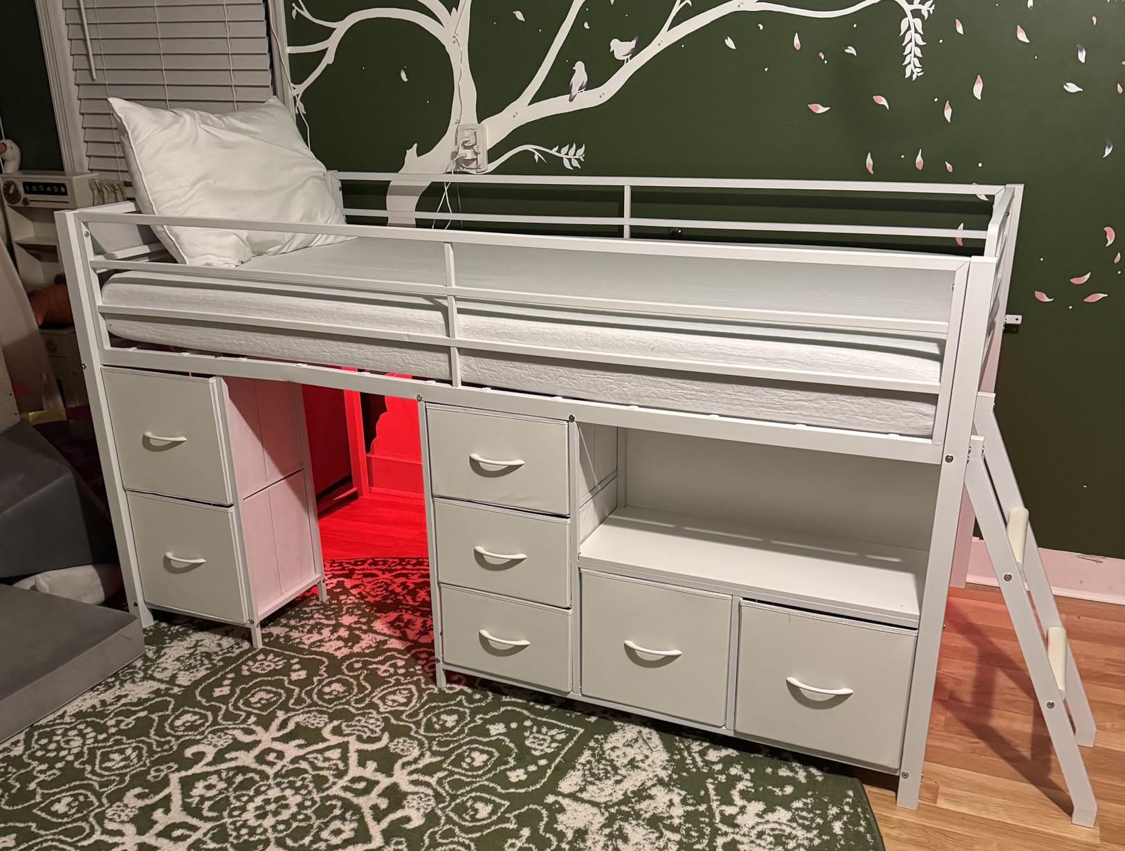ADORNEVE Low Loft Bed Twin Size with 7 Storage Drawers, Bookcase and LED Lights, Metal Kids Loft Bed with 14