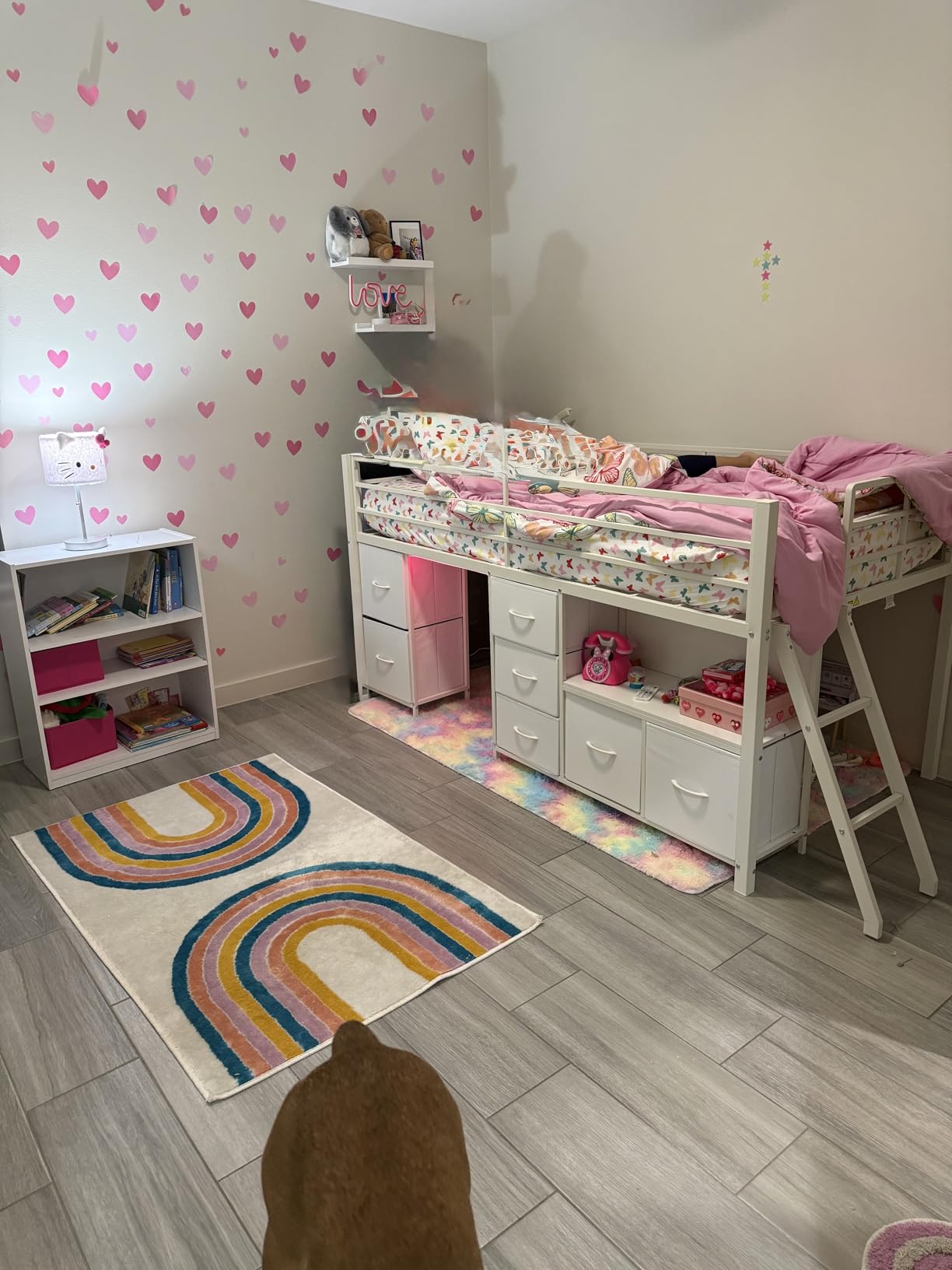 ADORNEVE Low Loft Bed Twin Size with 7 Storage Drawers, Bookcase and LED Lights, Metal Kids Loft Bed with 14