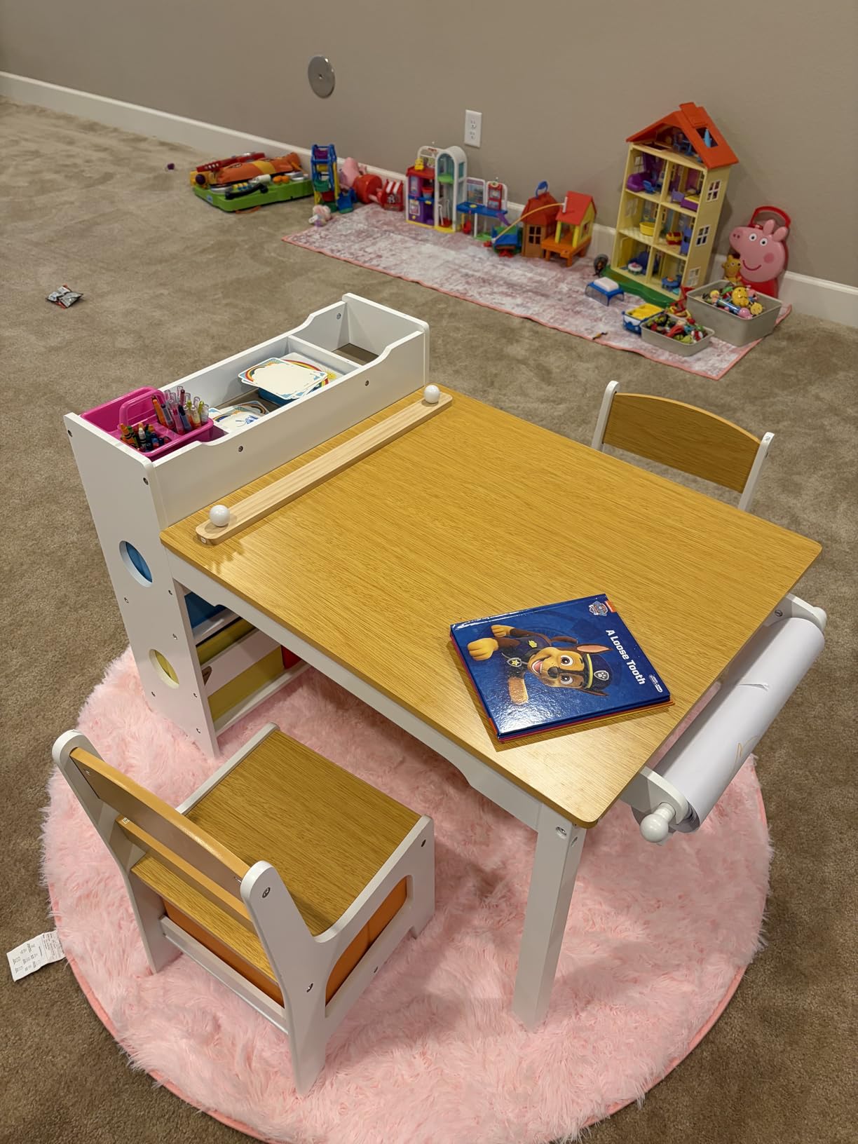 Kinder King Kids Art Table & Chair Set, Wood Toddler Activity Table for Kids Drawing, Reading, Studying, Crafting, Playing, 8 Removable Bins, Paper Roll for Playroom, Nursery, Grey customer photo 2