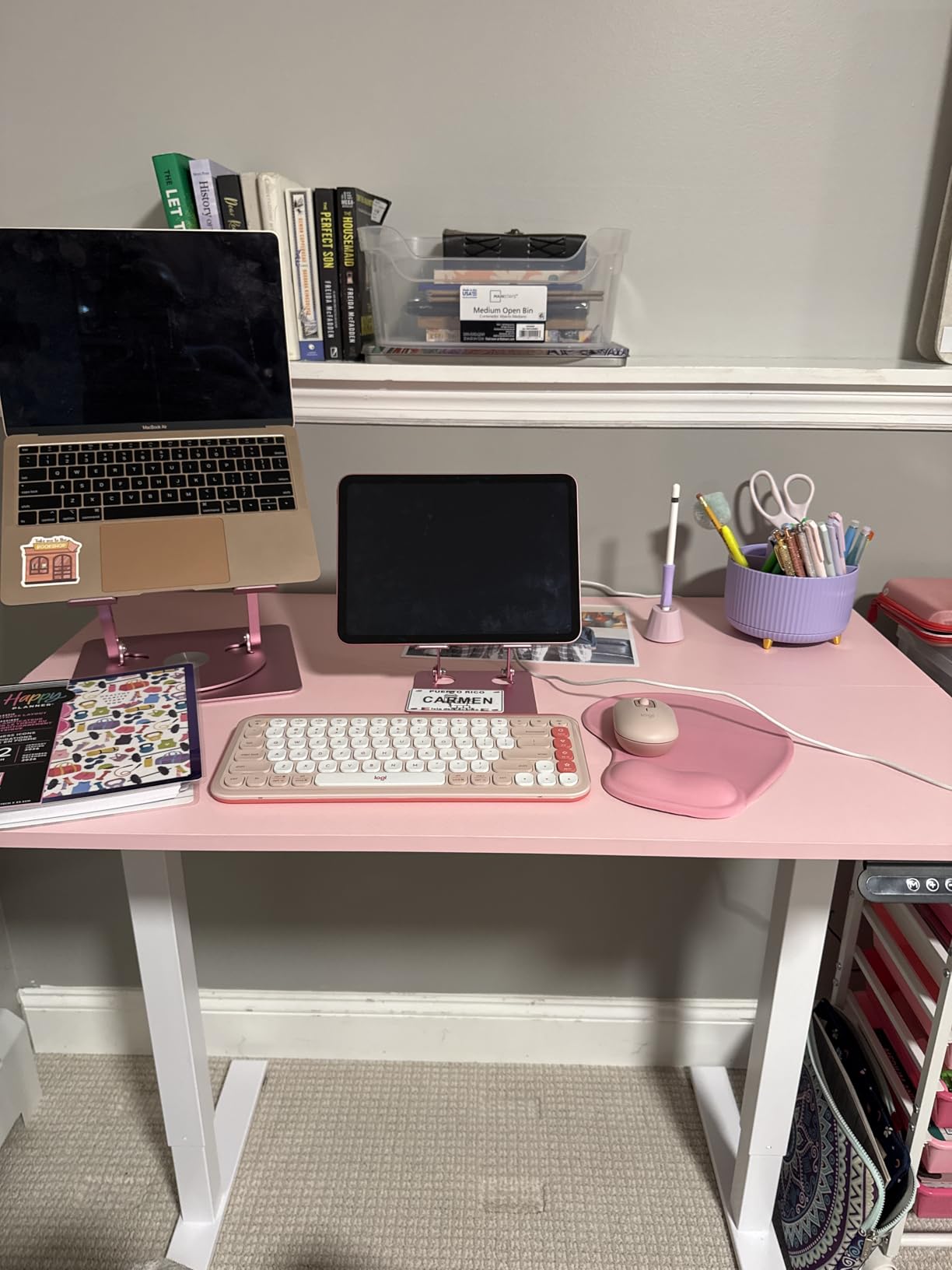 OffiGo Electric Height Adjustable Standing Desk, 48 Inch Pink Computer Desk for Women Girls, Sit Stand Table for Home, Office, Bedroom customer photo 2