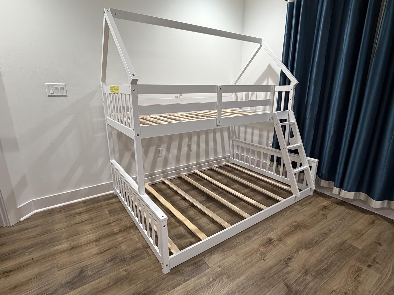 KOMFOTT Wood Twin Over Twin Bunk Bed with Slide & Staircase, Twin House Bunk Bed with Safety Guardrails & Storage, Floor House Bed with Wooden Slat Support, No Box Spring Needed (White) customer photo 1