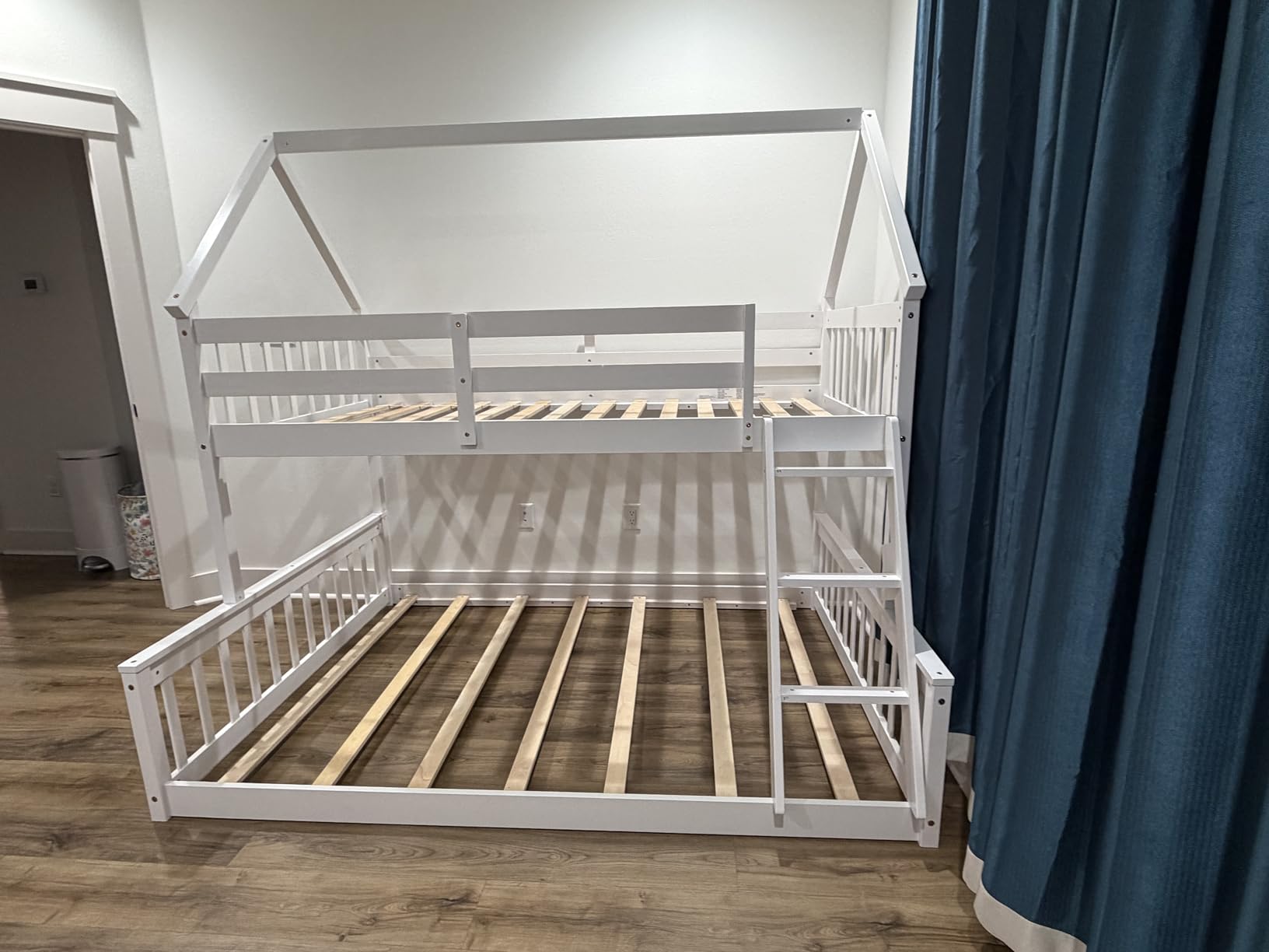 KOMFOTT Wood Twin Over Twin Bunk Bed with Slide & Staircase, Twin House Bunk Bed with Safety Guardrails & Storage, Floor House Bed with Wooden Slat Support, No Box Spring Needed (White) customer photo 2