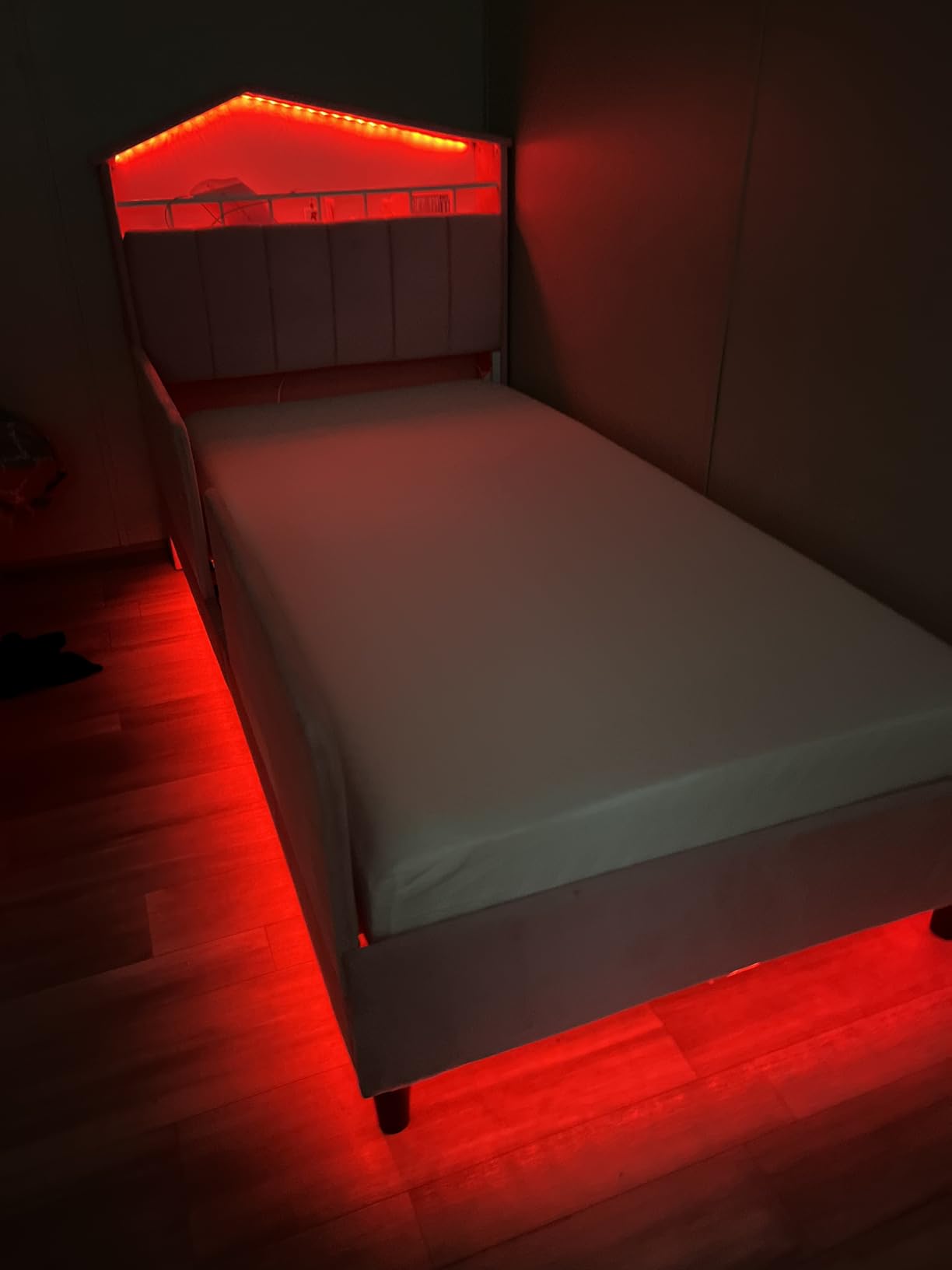 ADORNEVE Twin Size Bed Frame with LED Lights, Velvet Platform Bed for Girls, Princess Bed with Safety Guardrail, Headboard with Charging Station & Hidden Storage, Solid Wood Slats Support, Beige & Pink customer photo 1