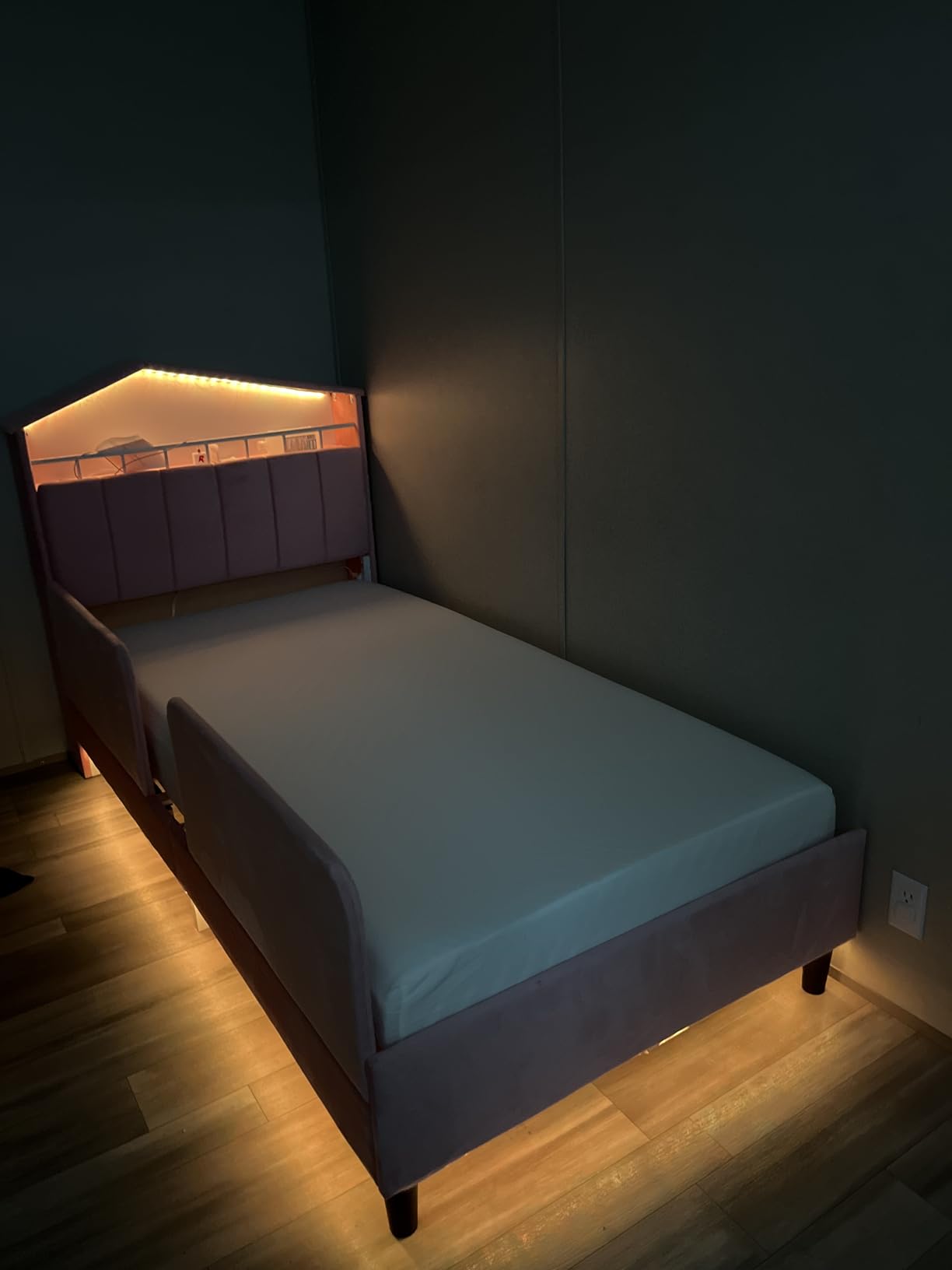 ADORNEVE Twin Size Bed Frame with LED Lights, Velvet Platform Bed for Girls, Princess Bed with Safety Guardrail, Headboard with Charging Station & Hidden Storage, Solid Wood Slats Support, Beige & Pink customer photo 2