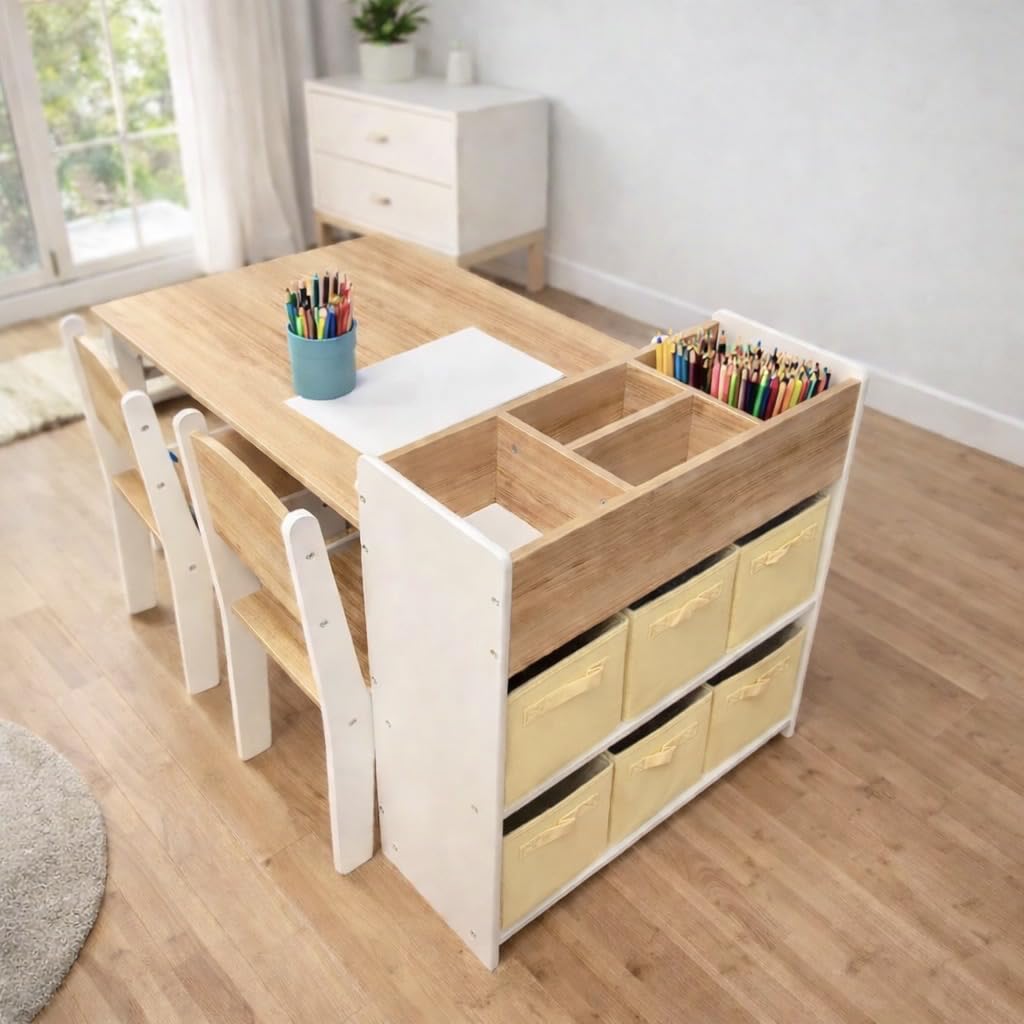 DOREROOM Kids Art Table and Chair Set, Craft and Play Wood Activity Table with Storage Bins and Paper Roll, Toddler Desk for Playroom/Nursery/Home, Kids Table and Chairs Set for Drawing/Learning/Read customer photo 1