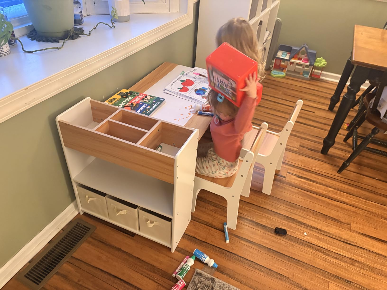 DOREROOM Kids Art Table and Chair Set, Craft and Play Wood Activity Table with Storage Bins and Paper Roll, Toddler Desk for Playroom/Nursery/Home, Kids Table and Chairs Set for Drawing/Learning/Read customer photo 2
