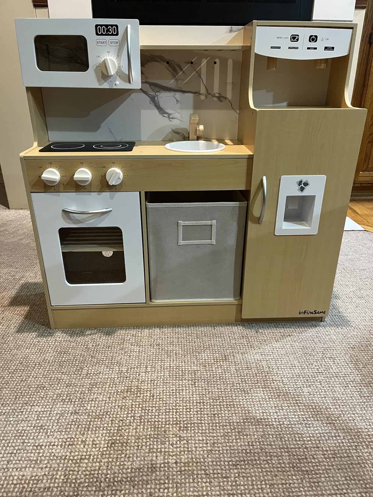 inFUNSAME Wooden Play Kitchen for Toddlers 3-5 with Storage System & 18 Pcs, All-in-One Compact Kitchen Gift Set, Anti-Tip Safety Design, Fridge, Ice Maker, Coffee Maker, Microwave for Small Spaces customer photo 2