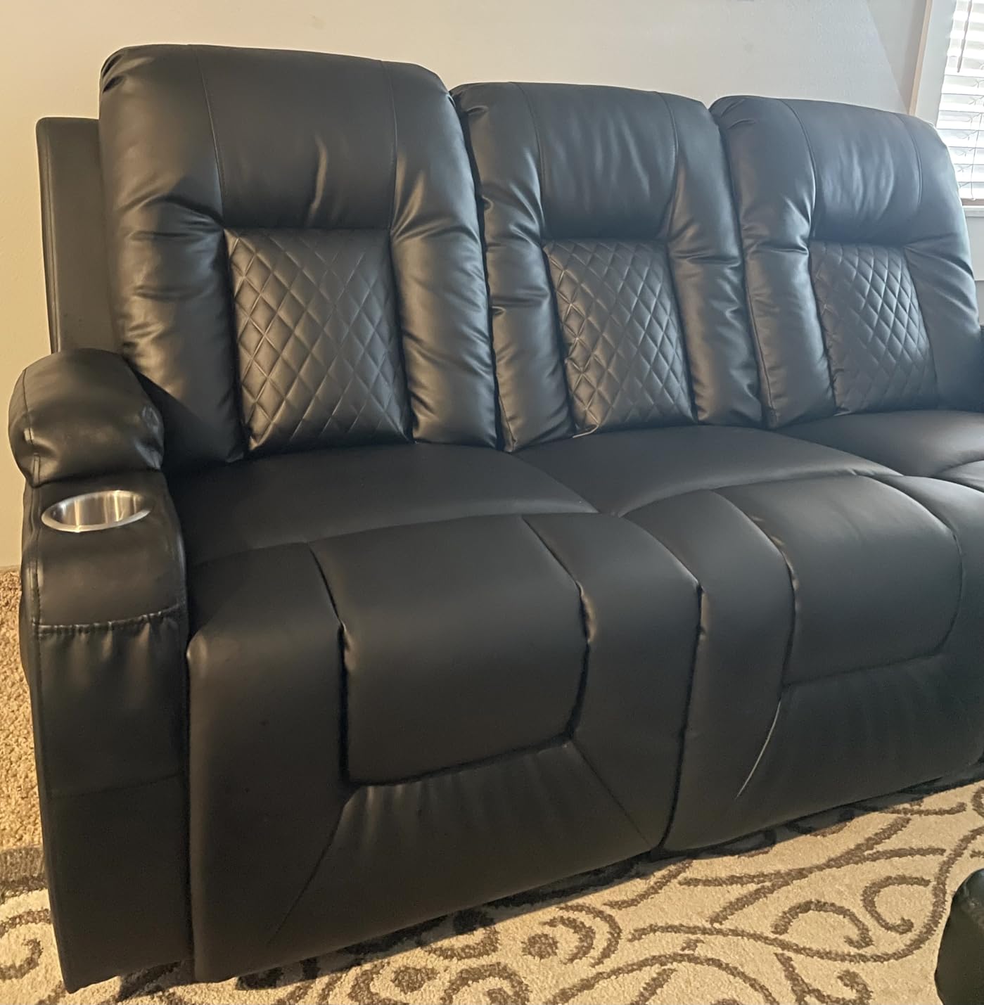 FURNIMAT Recliner Sofa, 4 Seater Dual Reclining Sofa with Flip Back Console, Modern PU Leather Recliner Couch for Living Room/RV, with Storage Drawer, USB Ports, Cup Holder, Cell Phone Holder, Black customer photo 2