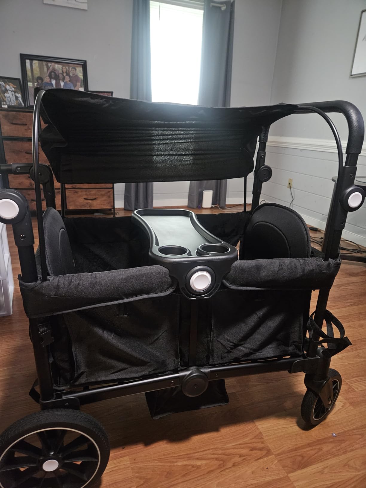 Kinder King Folding Wagon Stroller for 2 Kids, All-Terrain 2 Seater Stroller Wagon Outdoor, Removable Canopy, Adjustable Handle, Shock-Absorbing Wheel, Detachable Tray, Parent Organizer, Gray customer photo 1
