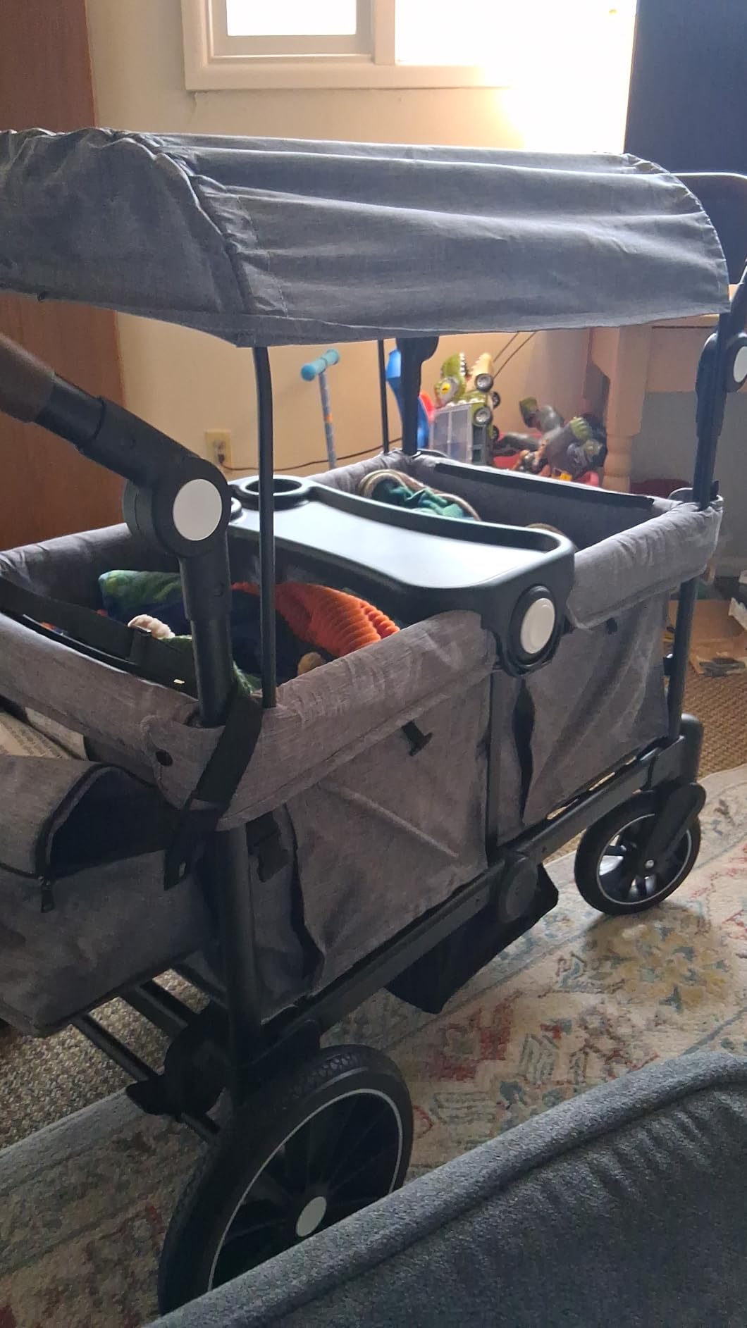 Kinder King Folding Wagon Stroller for 2 Kids, All-Terrain 2 Seater Stroller Wagon Outdoor, Removable Canopy, Adjustable Handle, Shock-Absorbing Wheel, Detachable Tray, Parent Organizer, Gray customer photo 2