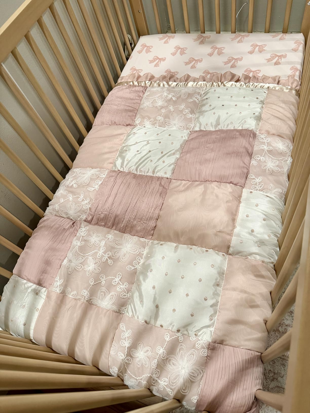 The Peanutshell 3 Piece Baby Crib Bedding Set for Girls - Cotton Fitted Crib Sheet, Layered Dust Ruffle, Comforter, Newborn, Infant & Toddler Vintage Nursery Bed Set Decor, Pink, Gold, Floral - Grace customer photo 1