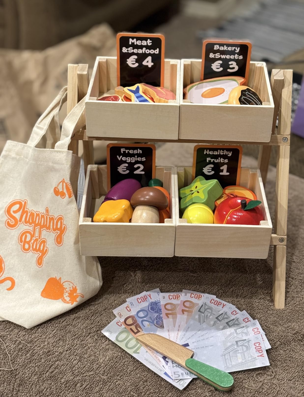 Toyssa 40+ Pcs Wooden Play Food Set with Grocery Store Shelf & Cutting Toys, Pretend Play Kitchen Accessories for Toddlers Kids, Educational Farmers Market Role Play Gifts for Girls Boys 3-7 Years customer photo 2