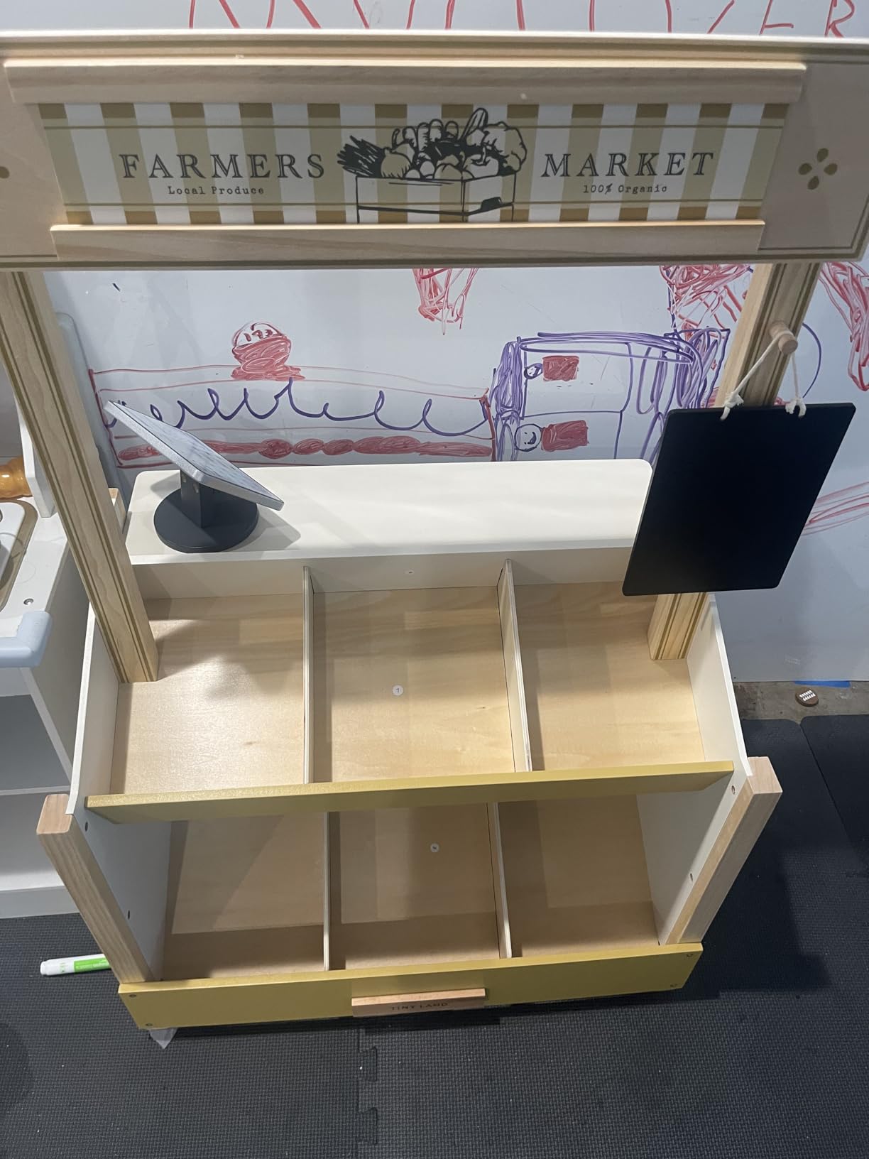 Tiny Land Wooden Play Store - Pretend Farmers Market & Coffee Shop with Cash Register, DIY Price Tags, Chalkboard, Pretend Grocery Store Role Play Toy for Toddlers customer photo 1