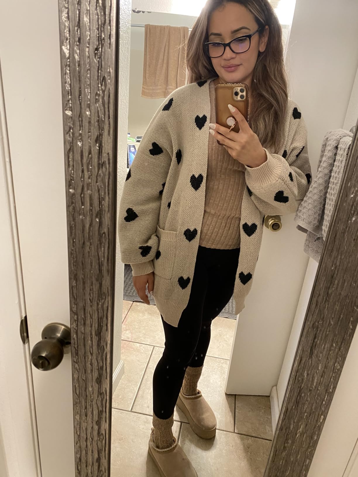 MakeMeChic Women's Maternity Sweater Cardigan Heart Print Long Sleeve Open Front Cute Coat customer photo 1