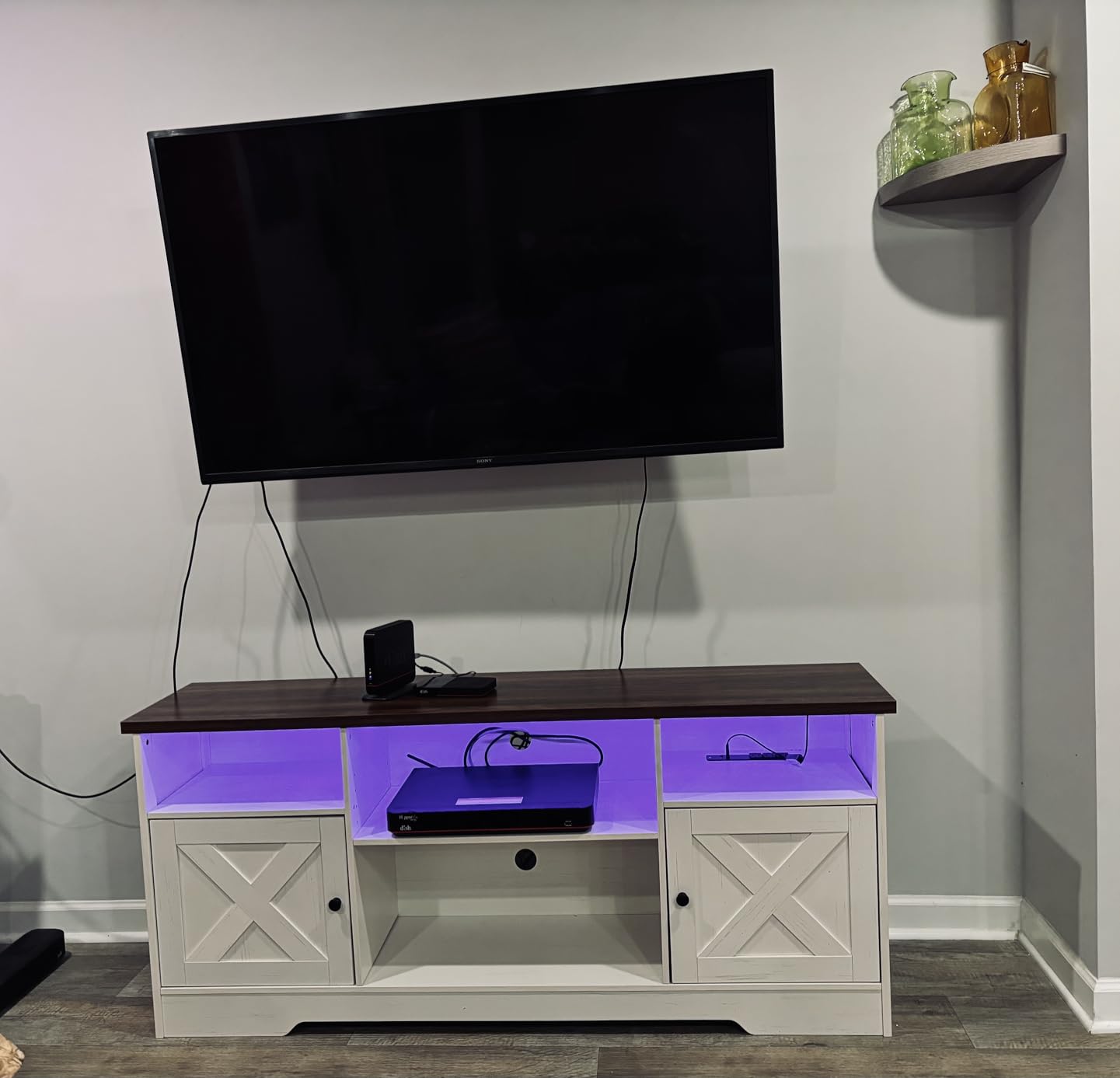 Casaottima TV Stand for 65 Inch TV, Farmhouse Entertainment Center with Power Outlet & LED Light and Storage Cabinets, Console Table and Media Furniture for Living Room Bedroom, White customer photo 2